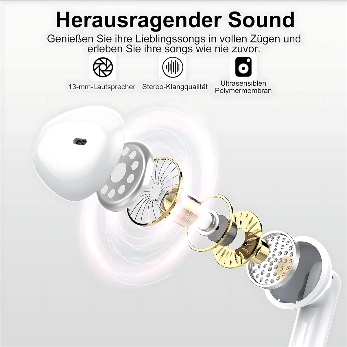 Kopfhörer mit internen Komponenten. Text: 'Herausragender Sound'.