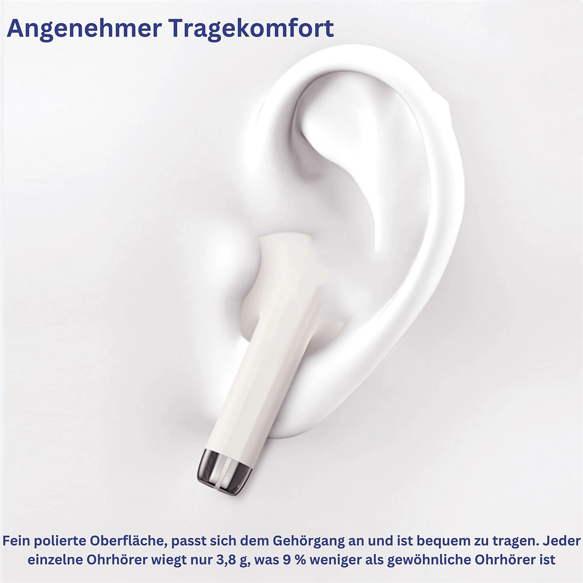 Ein weißer Ohrhörer in einer weißen Ohrform. Text: 'Angenehmer Tragekomfort'.