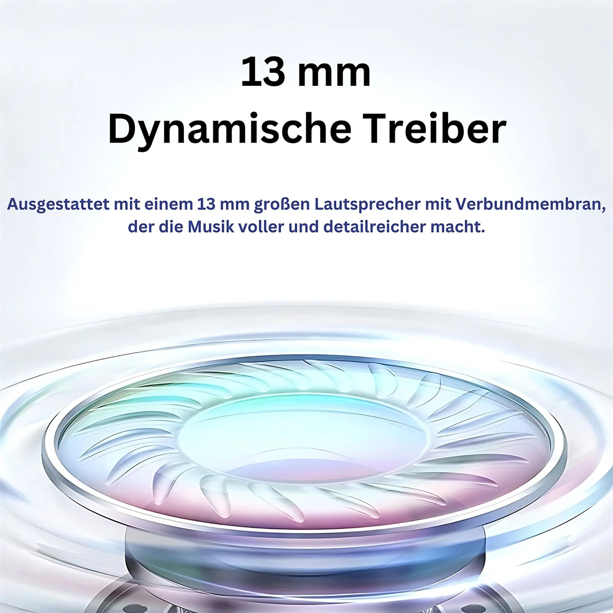 Nahaufnahme eines Lautsprechers mit Text, der 13 mm Dynamic Driver sagt. Weißer Hintergrund.