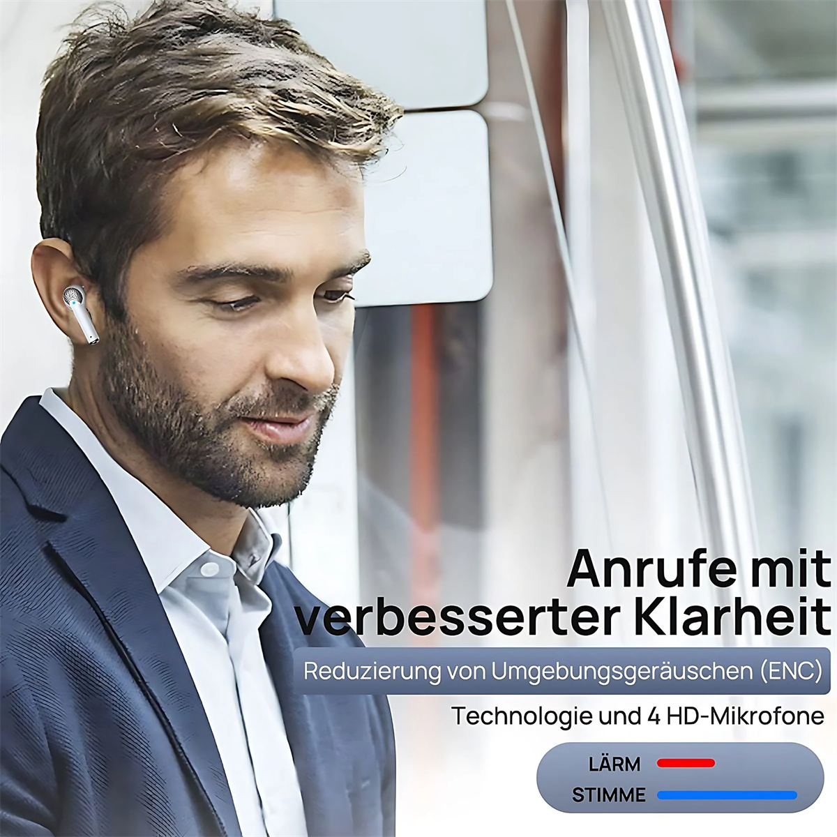 Ein Mann mit Ohrhörern, wahrscheinlich Musik oder einen Anruf hörend, mit Text über klare Anrufe.