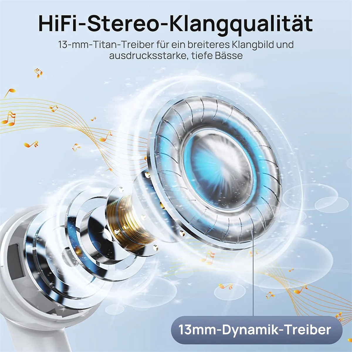 Ohrhörer mit Innenleben, Text 'HiFi-Stereo-Klangqualität' und '13mm-Dynamik-Treiber'.