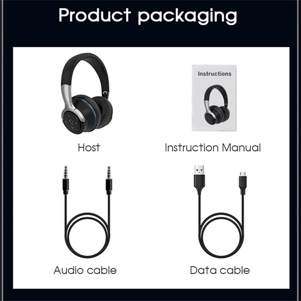 Produktverpackung: Kopfhörer, Bedienungsanleitung, Audiokabel und Datenkabel werden vor schwarzem Hintergrund gezeigt.