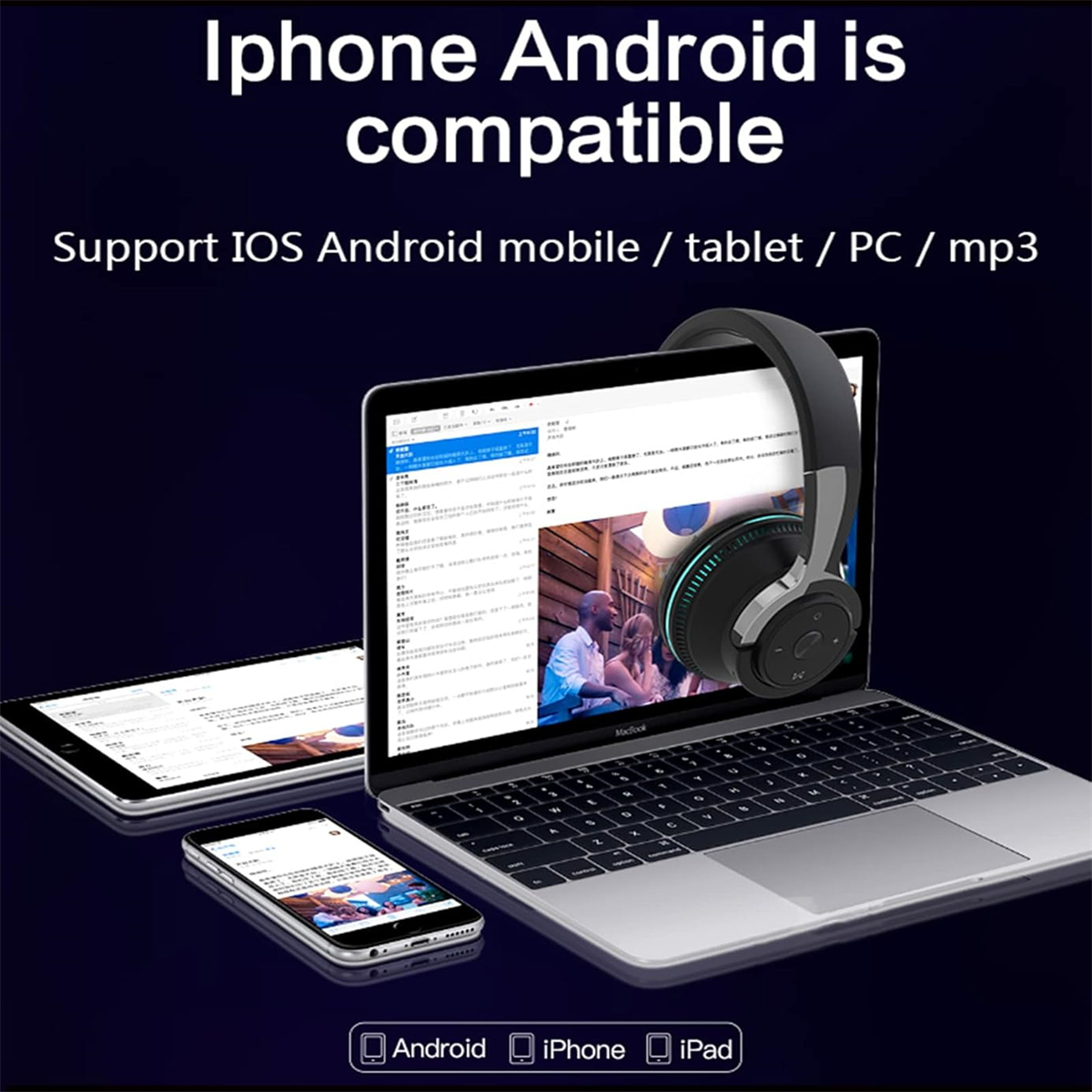 Ein Laptop, ein Tablet und ein Telefon werden angezeigt. Der Laptop zeigt eine Webseite mit Kopfhörern in der Nähe.
