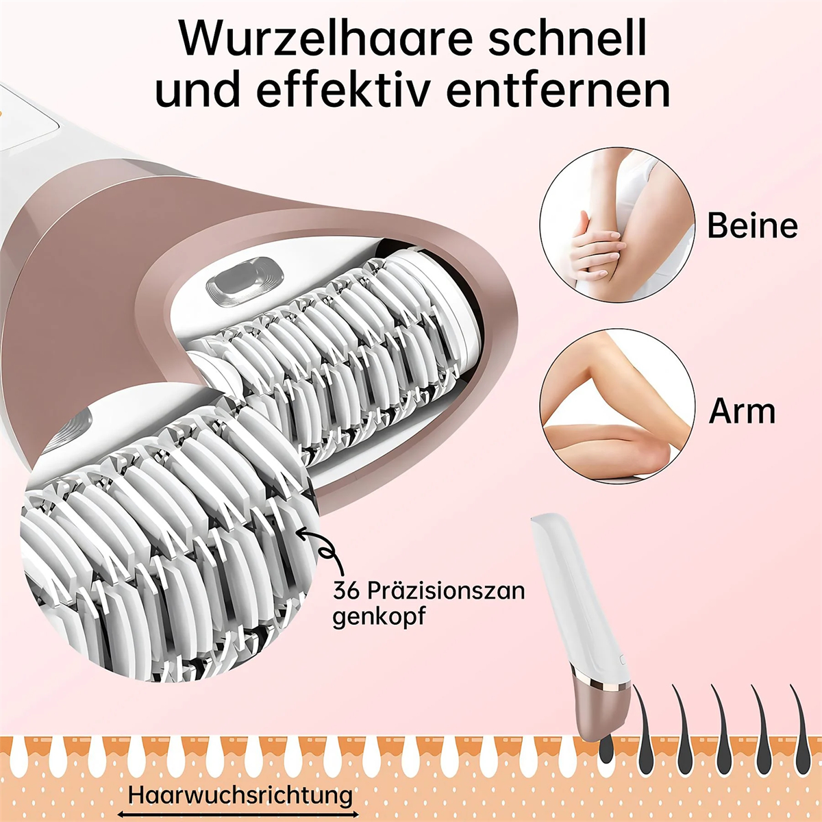 Ein Epilierer entfernt Haare. Nahaufnahme zeigt den Kopf, Beine und Arm. Text sagt, Haare schnell und effektiv zu entfernen.