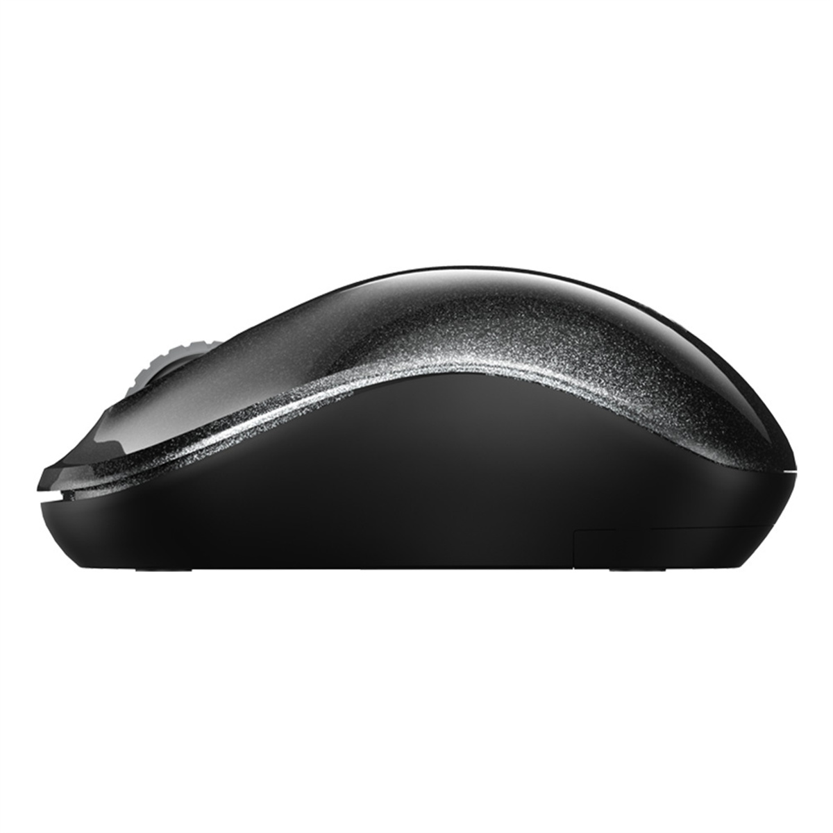 Eine schwarze Computermaus mit glänzendem Finish. Das Scrollrad und die Seitentasten sind sichtbar.