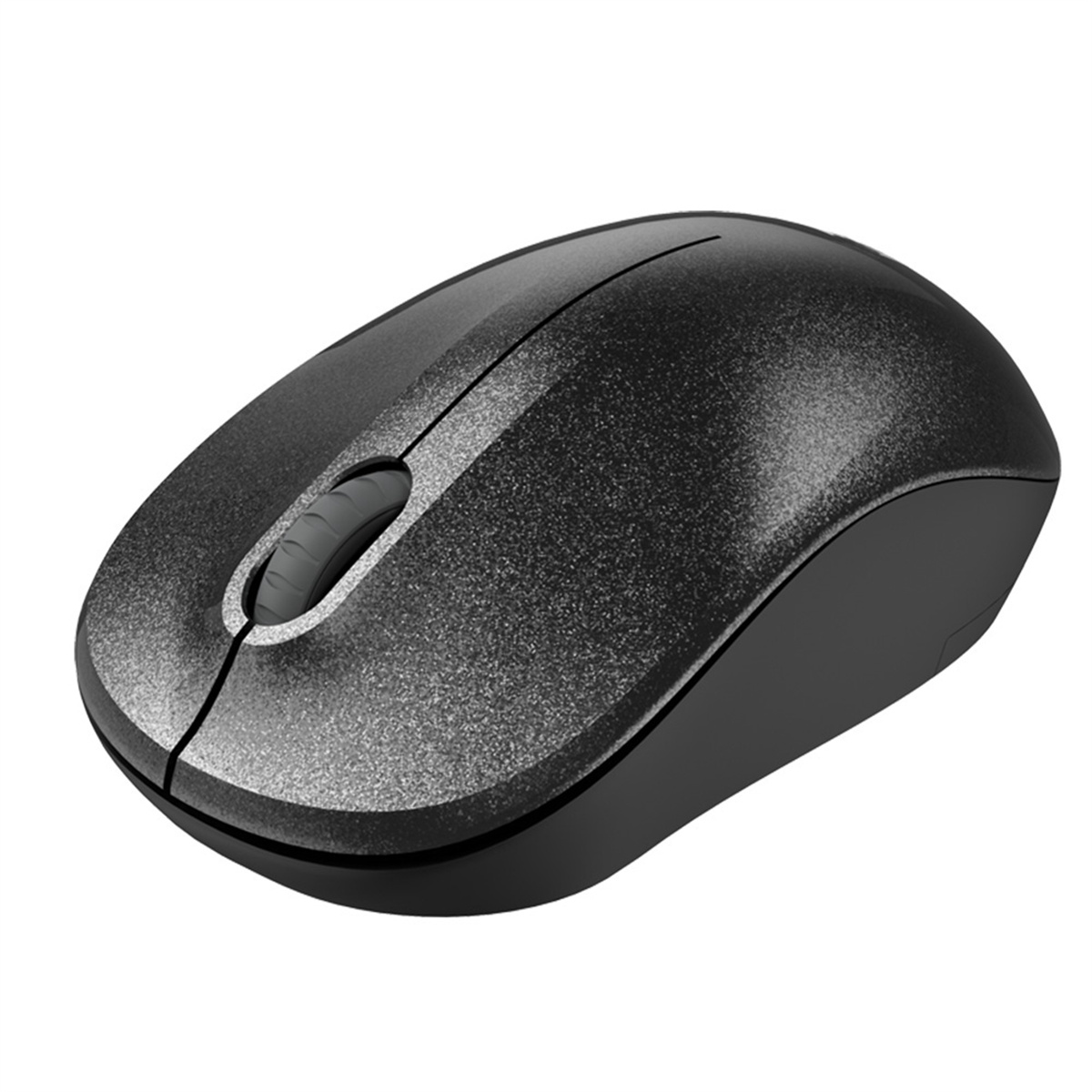 Eine schwarze, kabellose Computermaus mit einem Scrollrad.