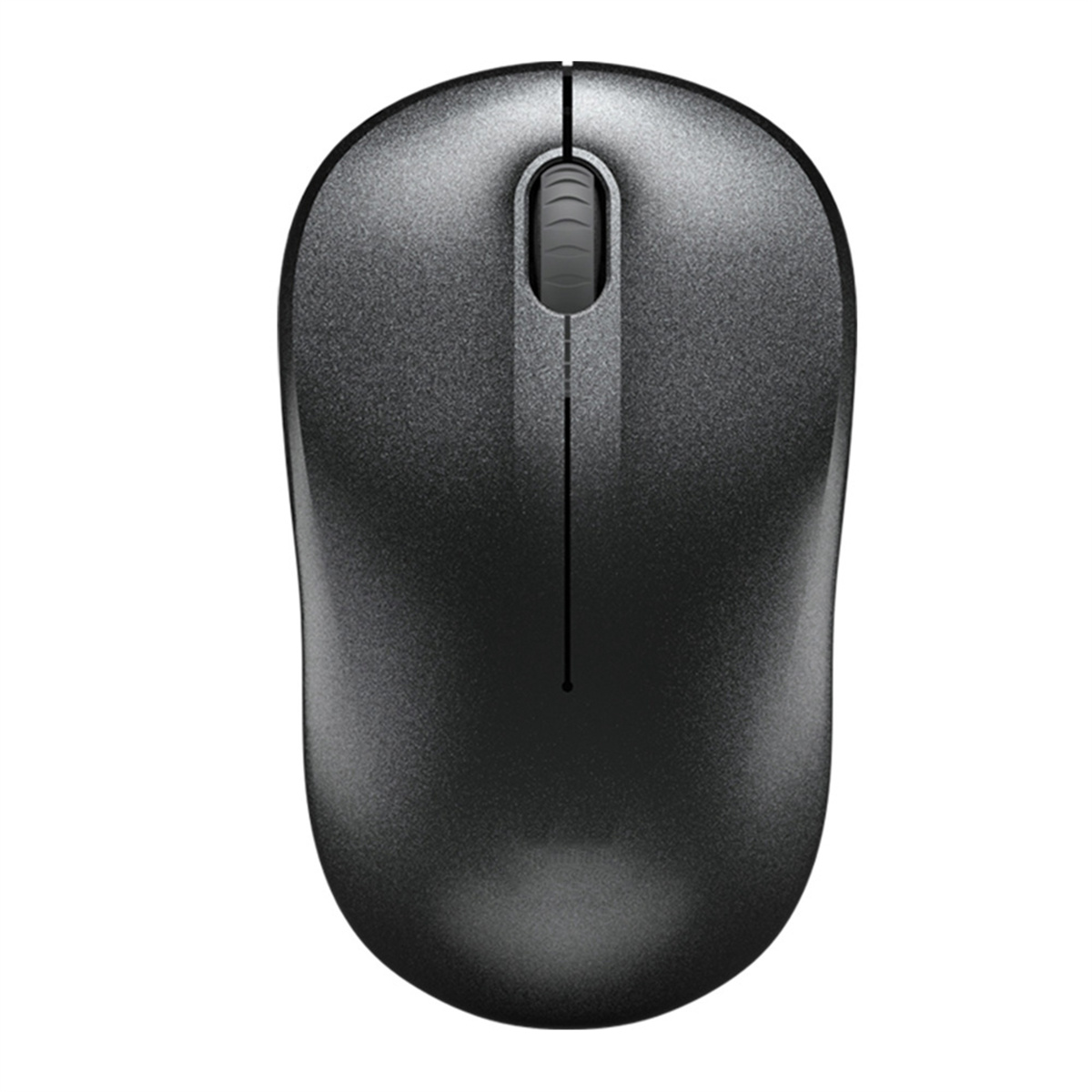Schwarze Computermaus mit Scrollrad und glatter Oberfläche. Ansicht von oben.