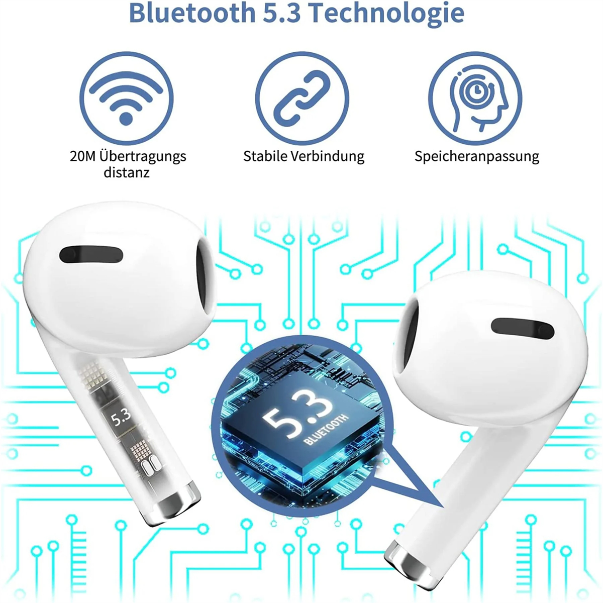 Weiße kabellose Ohrhörer mit einer blau-weißen Grafik, die Bluetooth-Funktionen zeigt.
