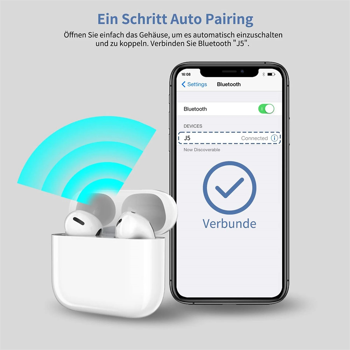 Weiße Ohrhörer in Ladecase, Telefon zeigt Bluetooth-Einstellungen, blaue Wellen.