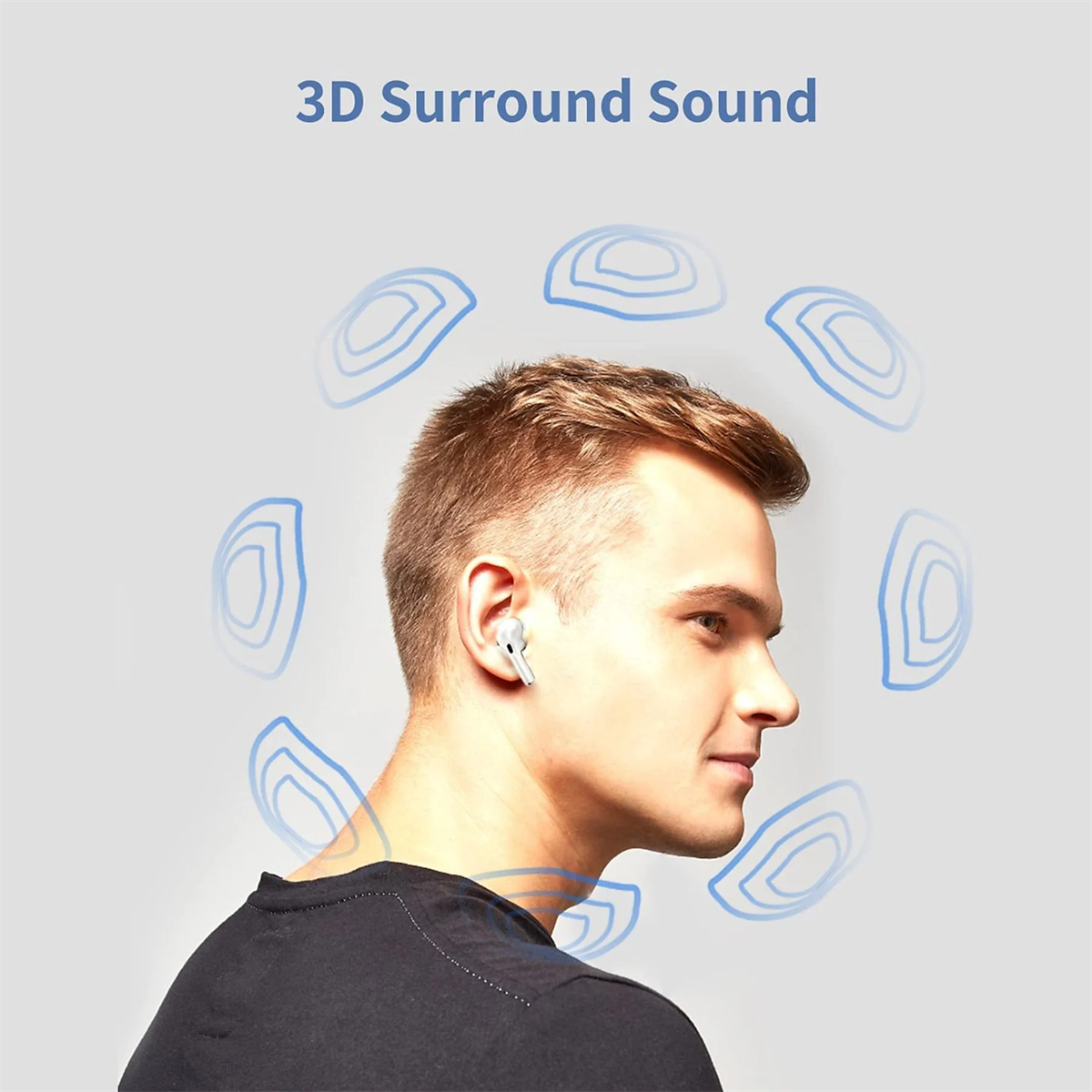 Mann mit Ohrhörer. Blaue Schallwellen um den Kopf. 3D-Surround-Sound-Text steht oben.