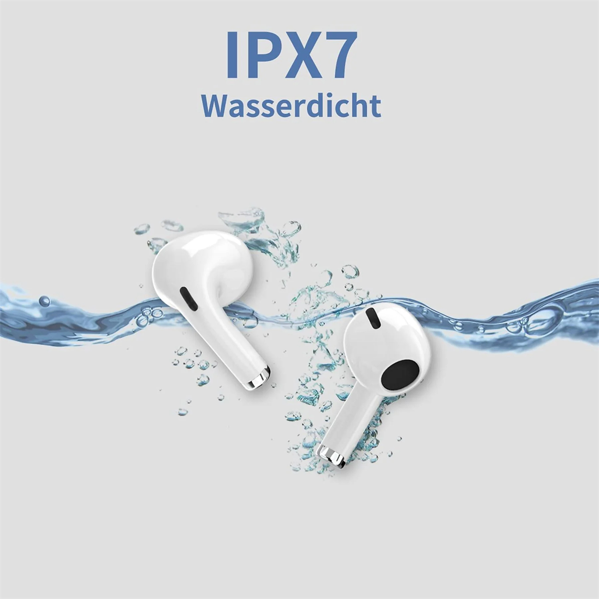 Zwei weiße kabellose Ohrhörer schwimmen im Wasser. Text: IPX7 Wasserdicht.