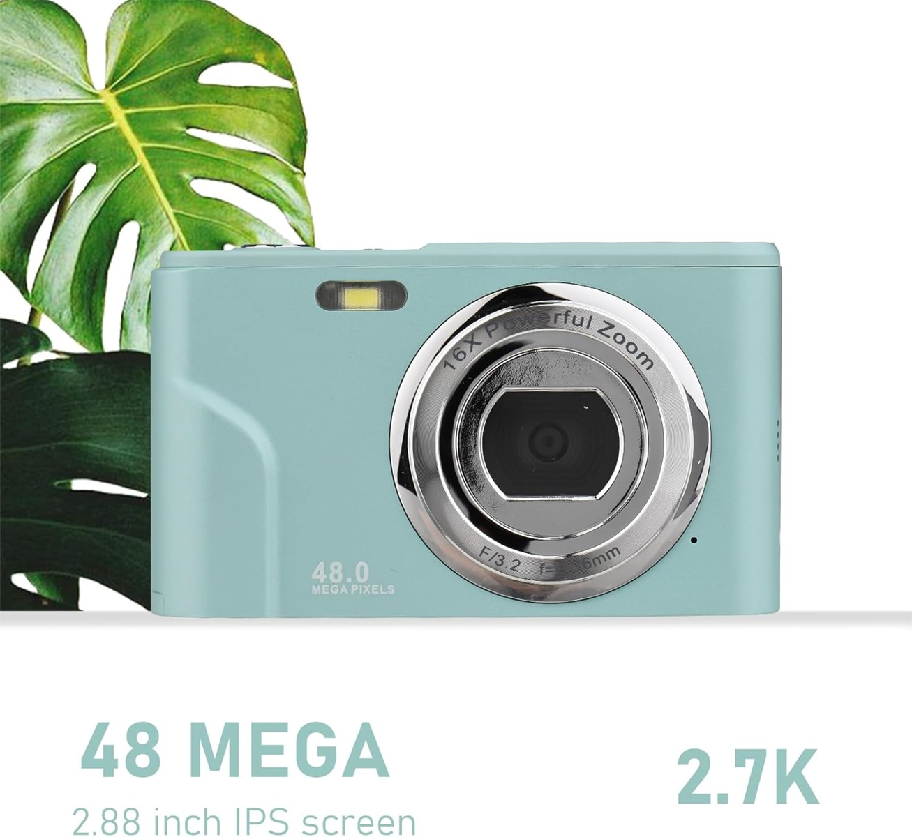Eine blaue Digitalkamera wird mit 48 MP und einem 2,88-Zoll-Bildschirm gezeigt.