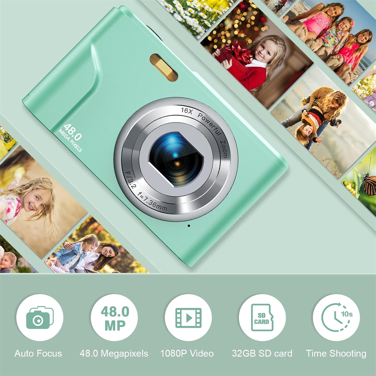 Eine mintgrüne Digitalkamera mit mehreren Fotos drumherum und Symbolen unten.