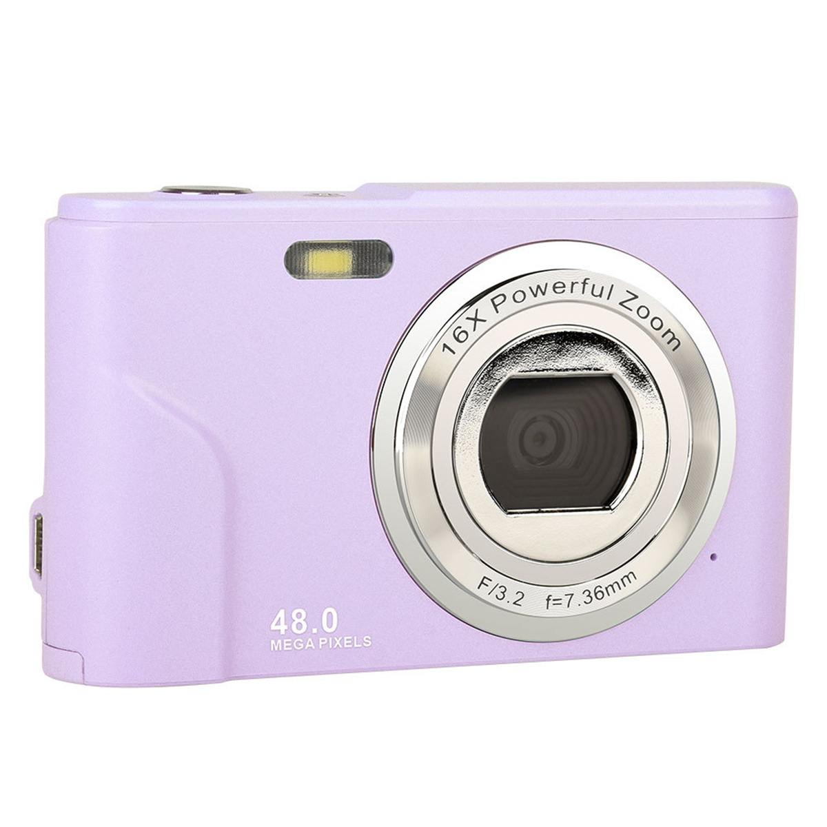 Eine lila Digitalkamera mit Objektiv, Blitz und Power-Zoom. Sie hat Megapixel-Details.