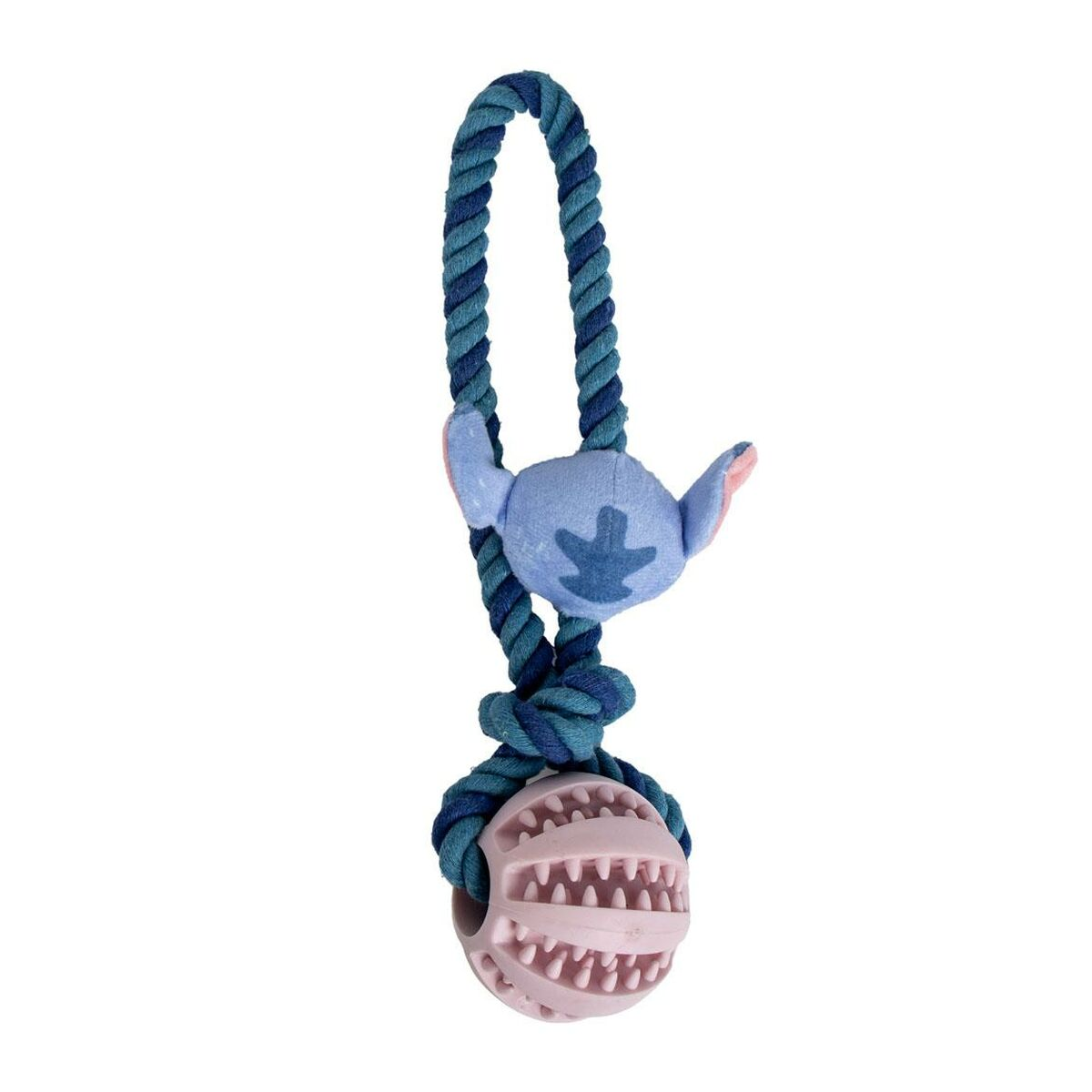 Un giocattolo di corda blu e verde acqua con una testa di Stitch e una palla rosa con i denti.