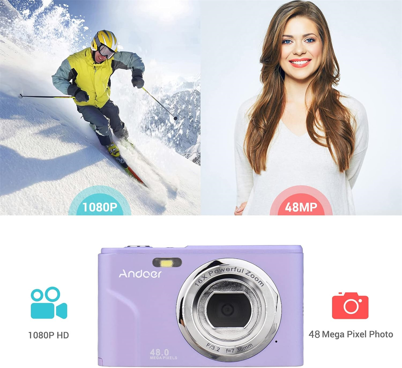 Eine Kamera und eine Frau, mit Skifahrer im Hintergrund. Es zeigt 1080P HD und 48MP Foto.