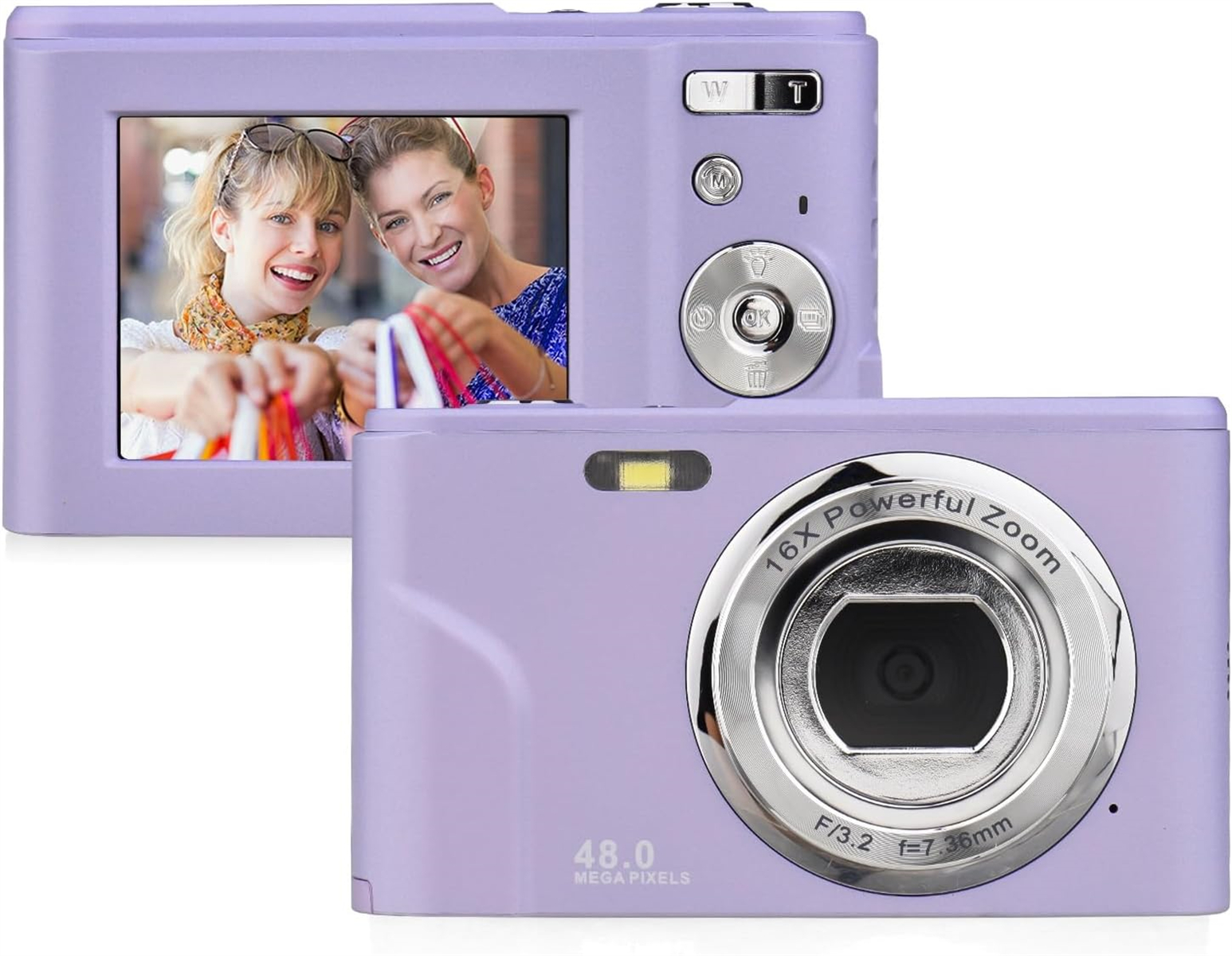 Eine lila Digitalkamera mit Bildschirm, auf dem zwei Frauen zu sehen sind.