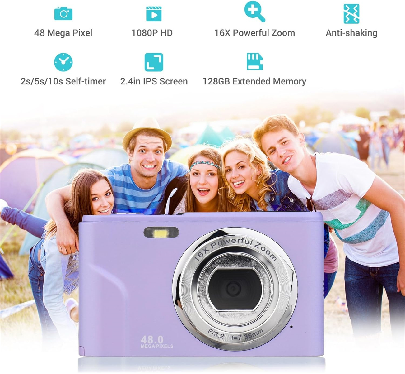 Lila Digitalkamera mit silbernem Objektiv, umgeben von Personen und Symbolen.