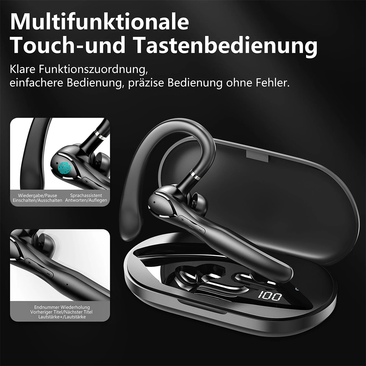 Schwarzes Headset mit Touch-Bedienelementen in seiner Hülle. Kleinere Bilder zeigen Details. Dunkler Hintergrund.