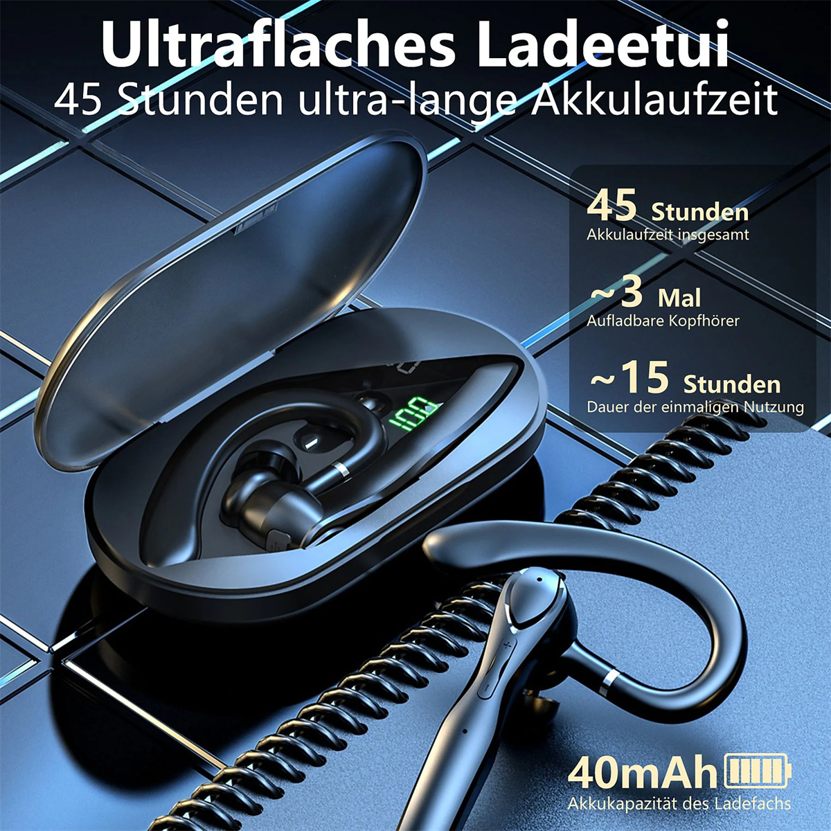 Kopfhörer mit Ladecase. Text zeigt 45 Stunden Akku, 3 Ladungen und 15 Stunden Nutzung.