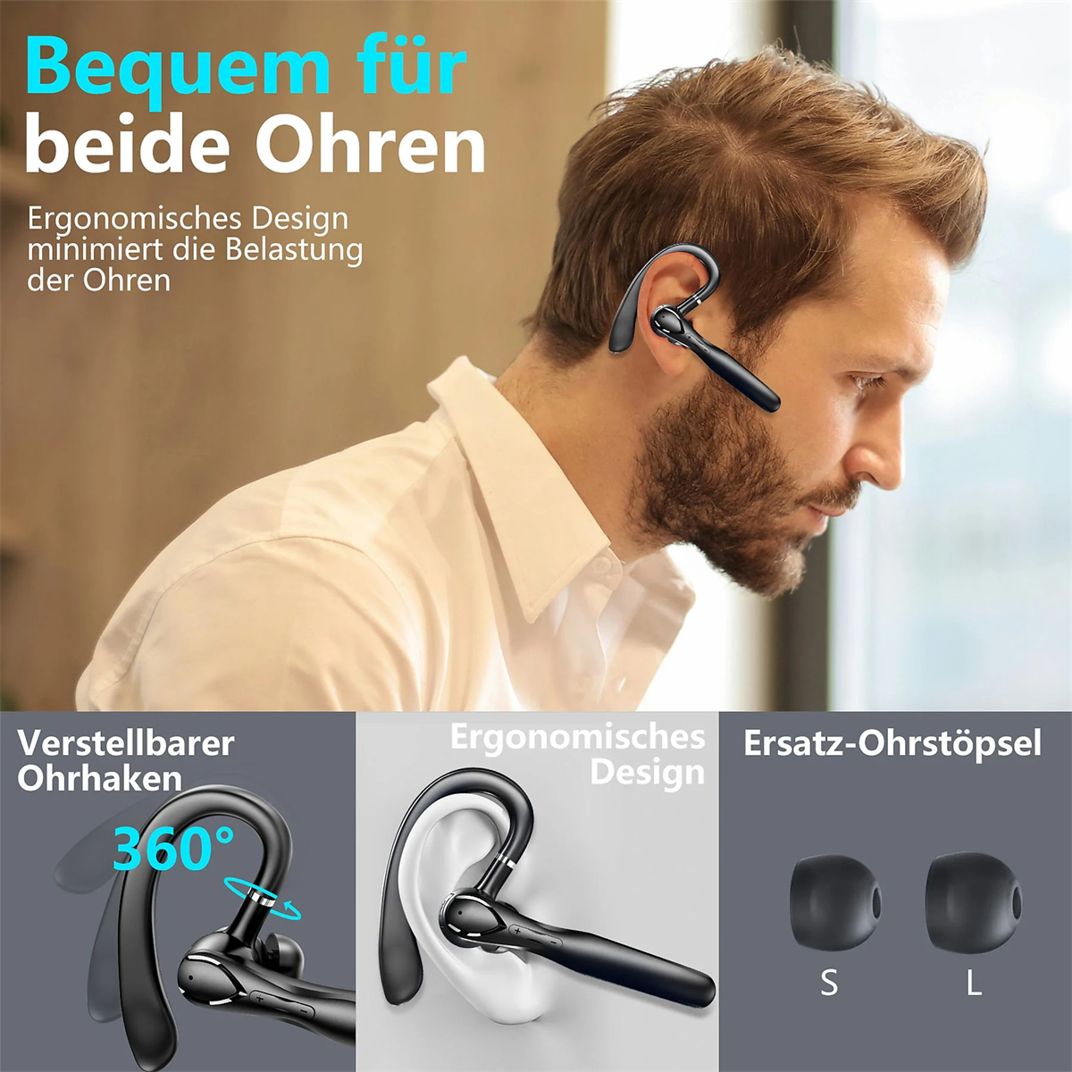 Schwarzes Bluetooth-Headset am Ohr eines Mannes, mit Diagrammen von Ohrstöpseln und Einstellfunktionen.