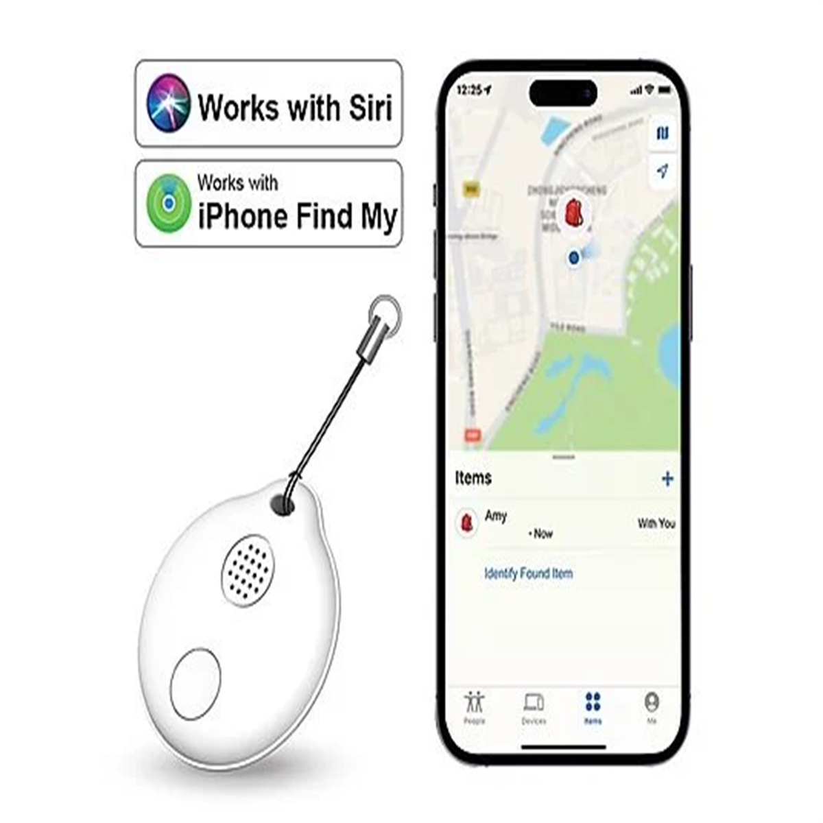 Weißer Tracker und iPhone mit Karte. Zeigt den Standort des Artikels.