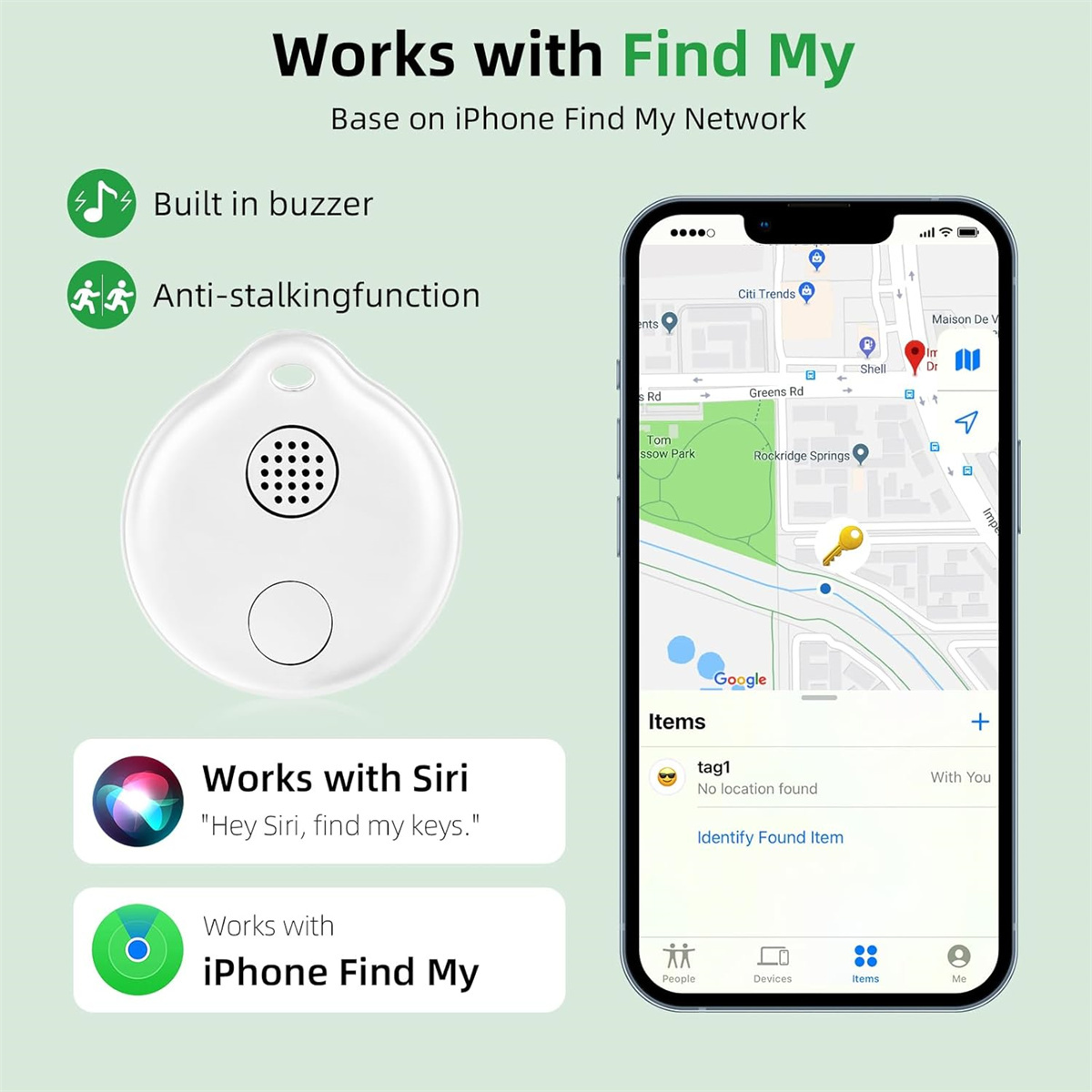 Weißer Tracker und Telefon mit Karte, Siri- und Find My-Symbolen, Werbung für Find My-Netzwerk.
