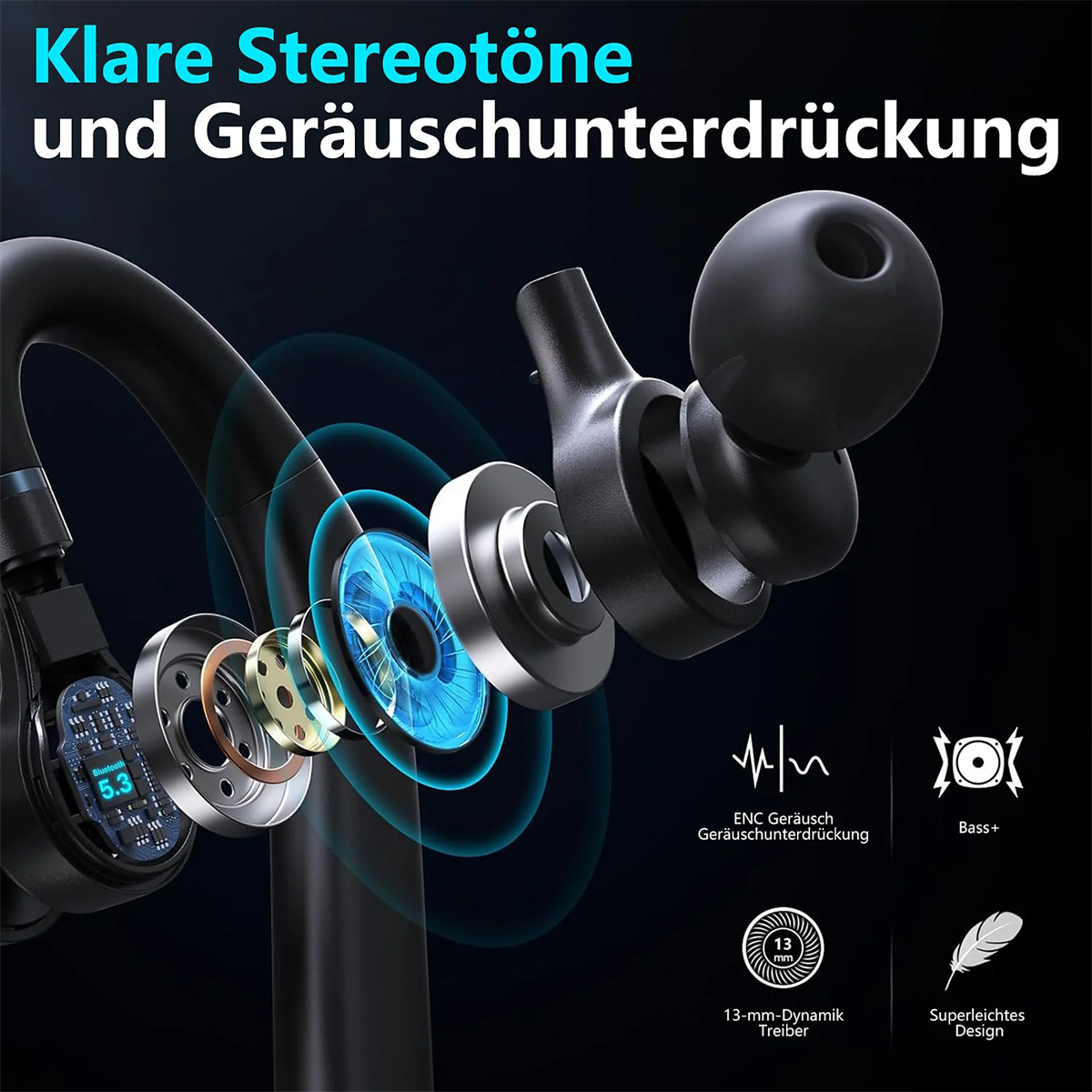 Schwarze kabellose Ohrhörer mit sichtbaren Innenkomponenten und Funktionsillustrationen.