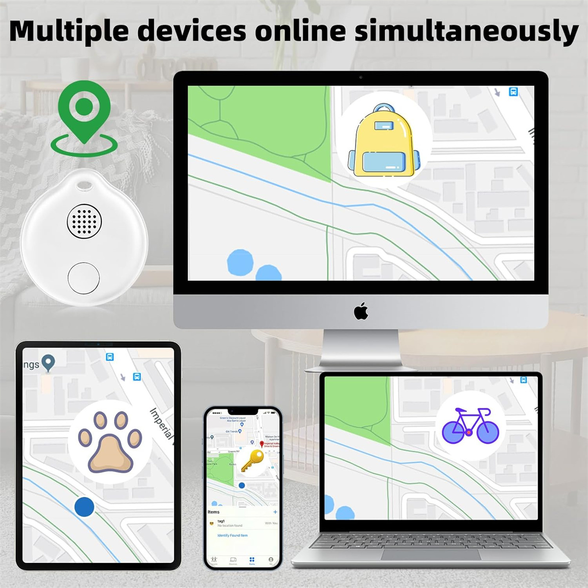 Ein weißes Ortungsgerät mit einem grünen Standortsymbol auf einer Karte, die auf einem Computer, Tablet und Telefon angezeigt wird.