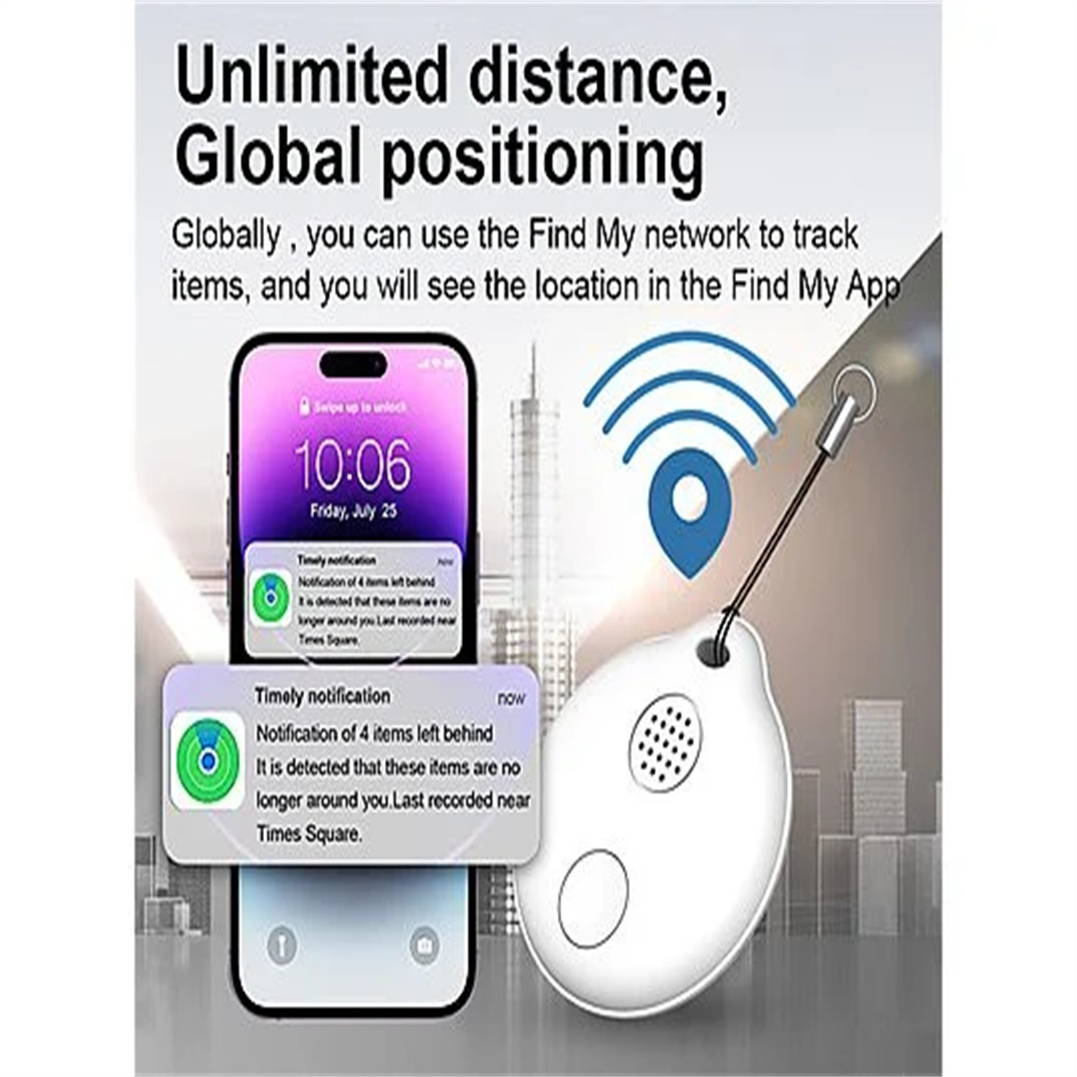 Telefon mit App, die einen weißen Tracker verfolgt. Text: Unbegrenzte Entfernung, globale Ortung.