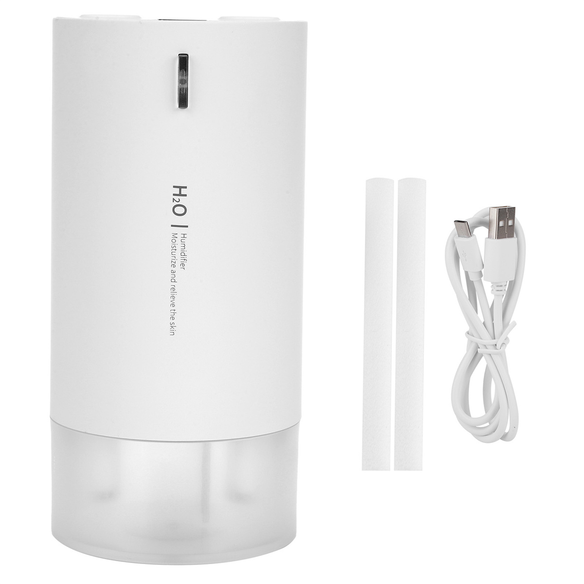 Ein weißer Luftbefeuchter mit Wassertank und Zubehör, einschließlich eines USB-Kabels.