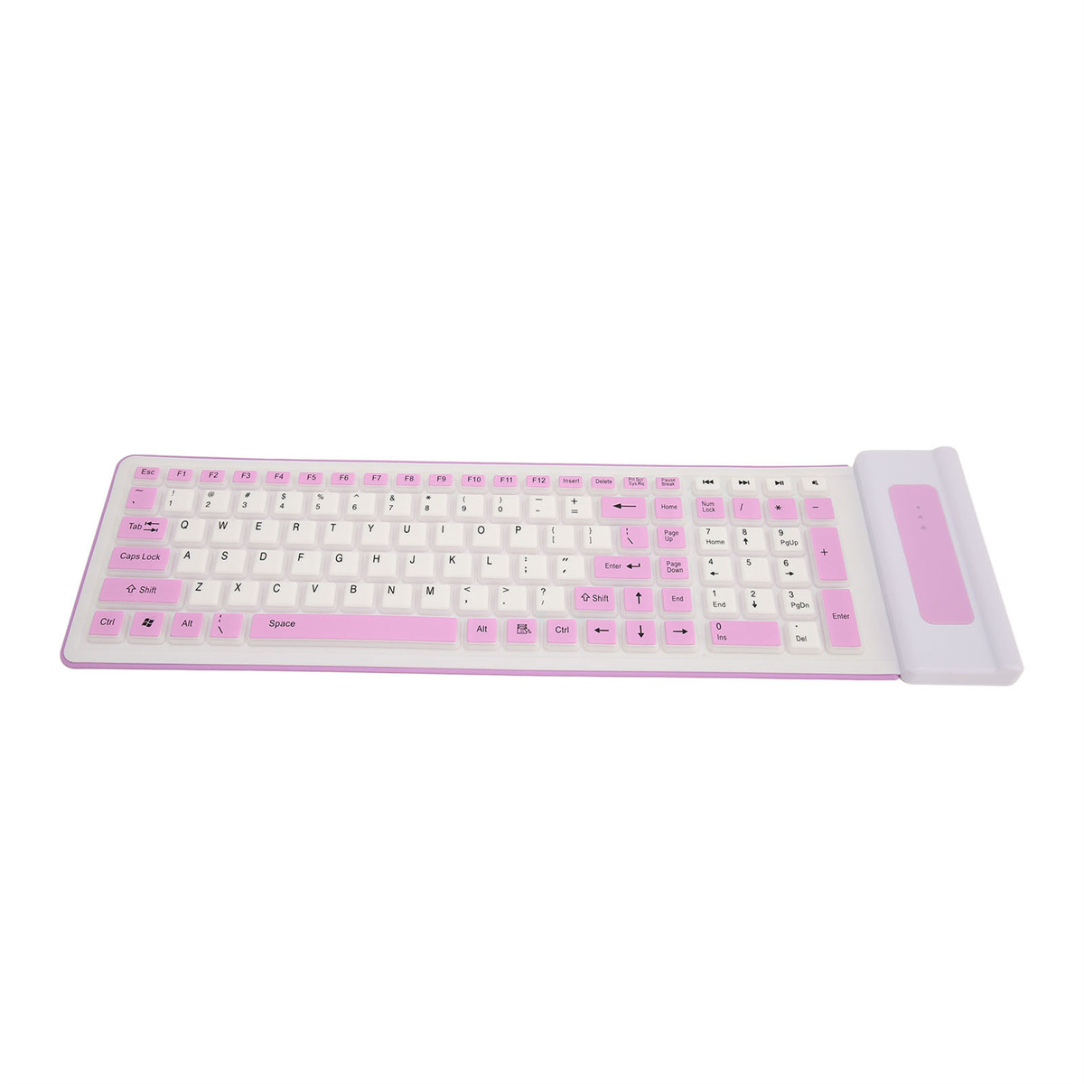 Rosa und weiße rollbare Tastatur. Die Tastatur ist aufgerollt und an einem weißen Gehäuse befestigt.
