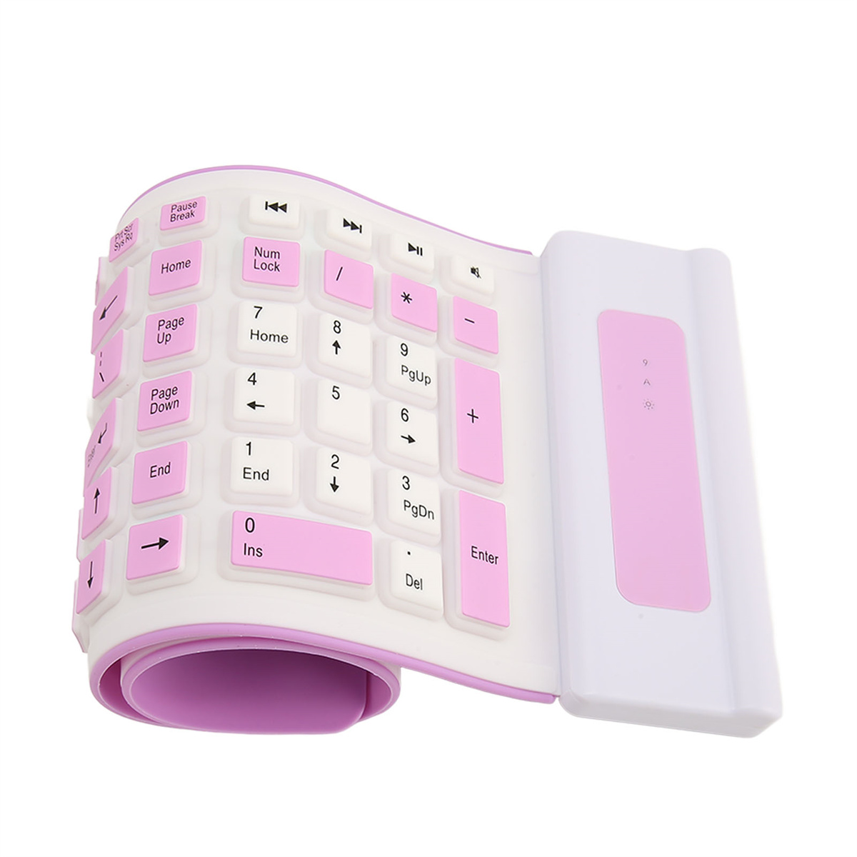 Eine flexible rosa-weiße Tastatur aufgerollt. Sie hat mehrere Tasten mit rosa Buchstaben.