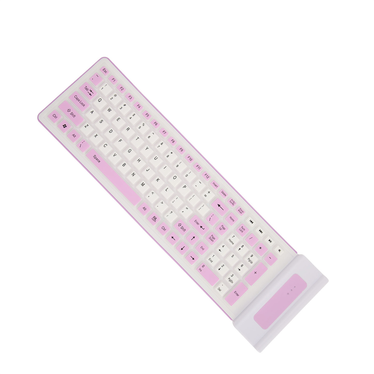 Eine rosa-weiße Tastatur auf weißer Oberfläche. Sie hat einen rosa Bereich für die Maus.