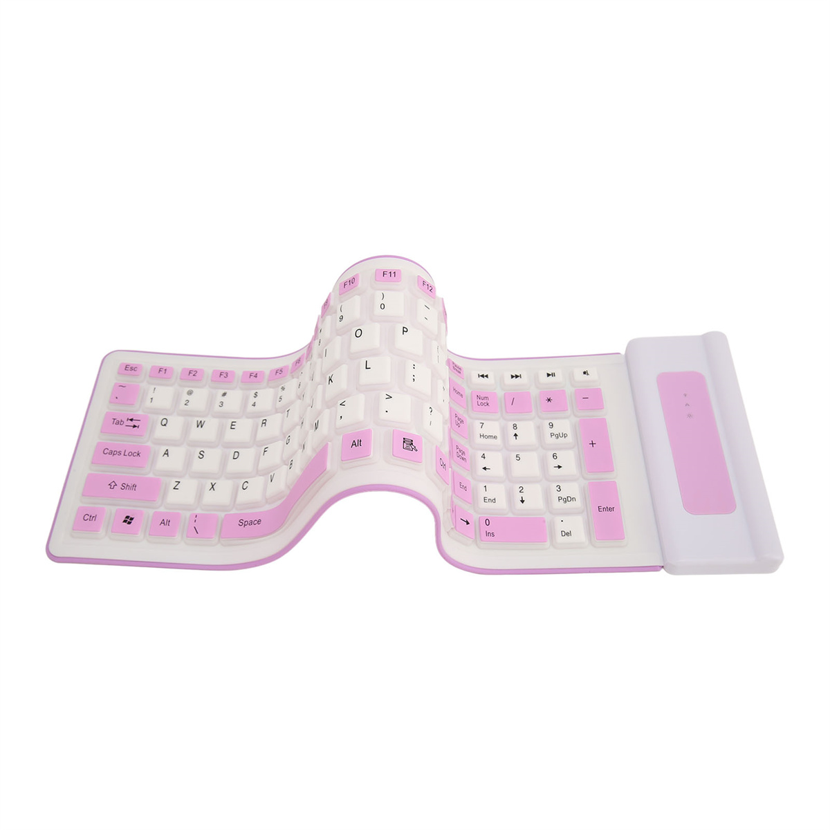 Pinke, flexible Tastatur mit weißen Tasten und pinken Akzenten, auf weißer Oberfläche.