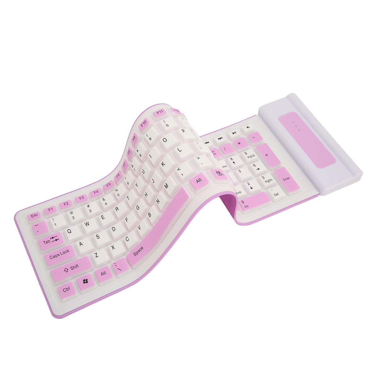 Flexibel, rosa und weiße Tastatur. Die Tasten sind weiß, der Rahmen rosa.
