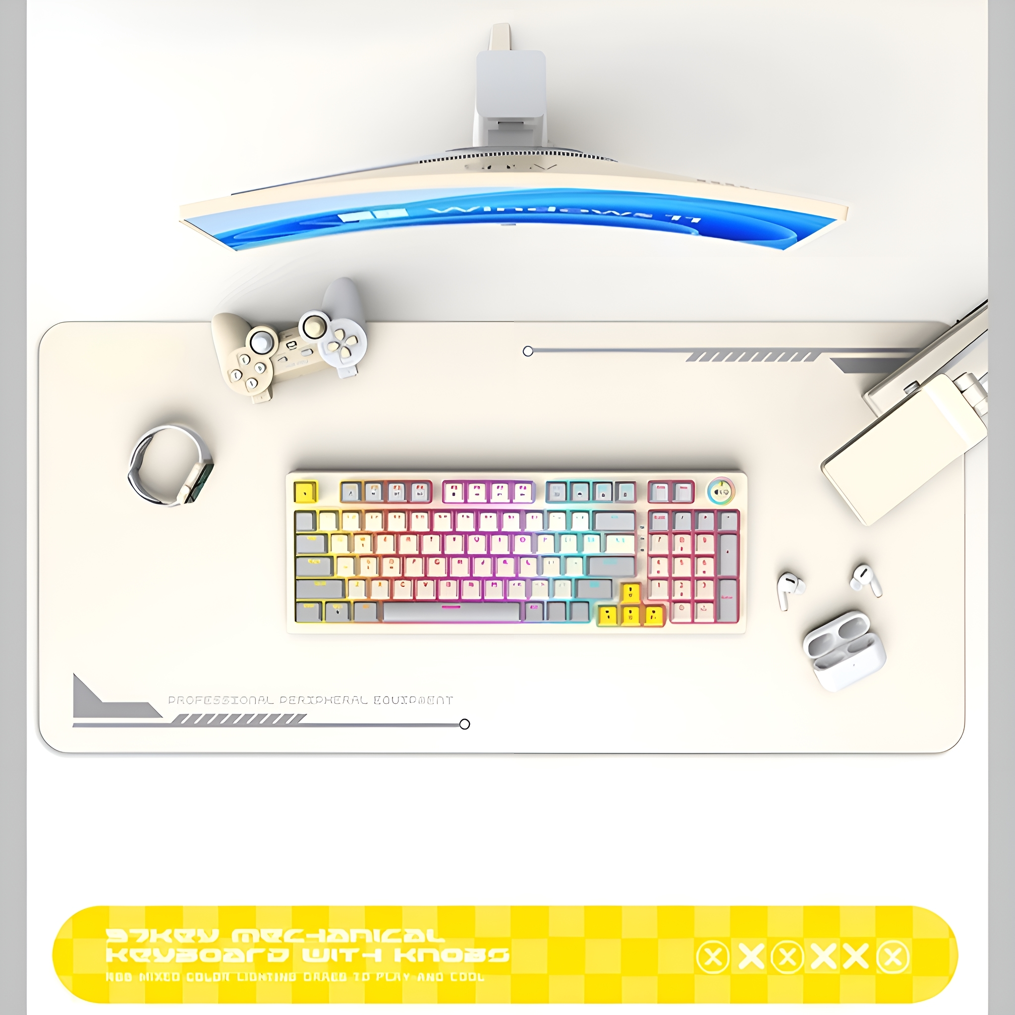 Desktop-Setup: Monitor, Tastatur, Maus, Ohrhörer und eine weiße Schreibtischunterlage. Gelber Text.