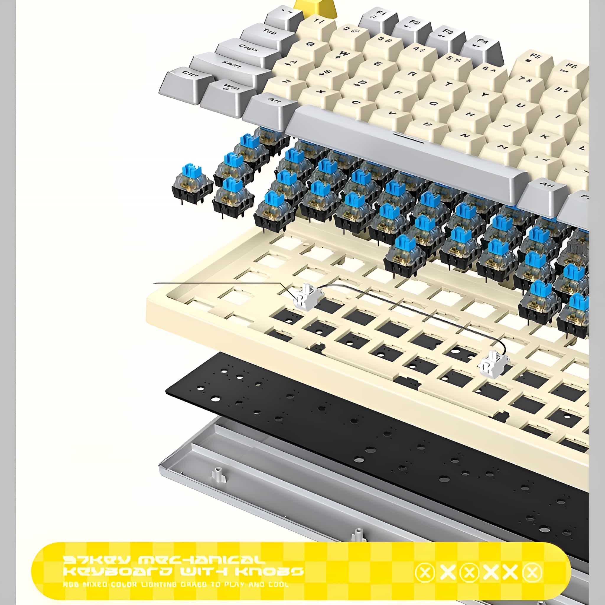 Eine Explosionsansicht einer Tastatur. Zeigt Schichten von Komponenten: Tasten, Schalter und die Basis.