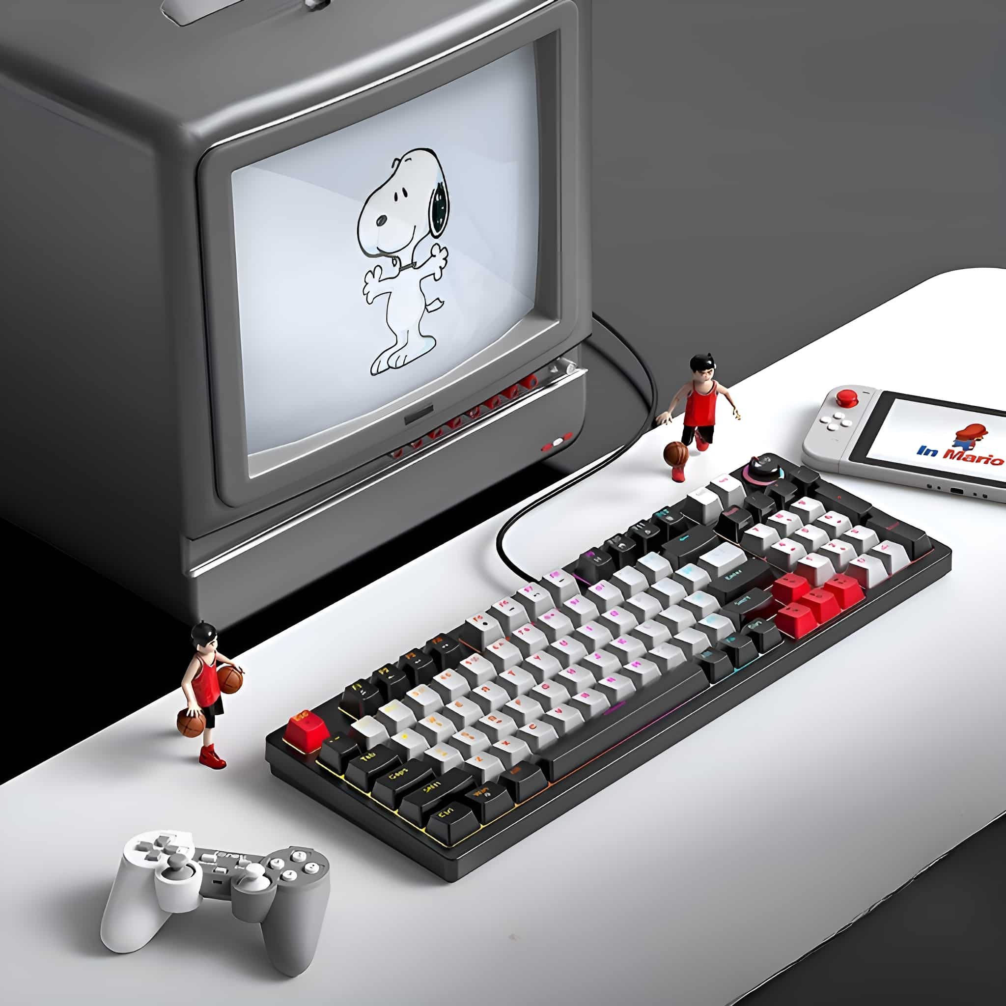 Eine Tastatur, ein Monitor mit einem Cartoon und Gaming-Zubehör stehen auf einer weißen Oberfläche. Zwei Figuren spielen Basketball.