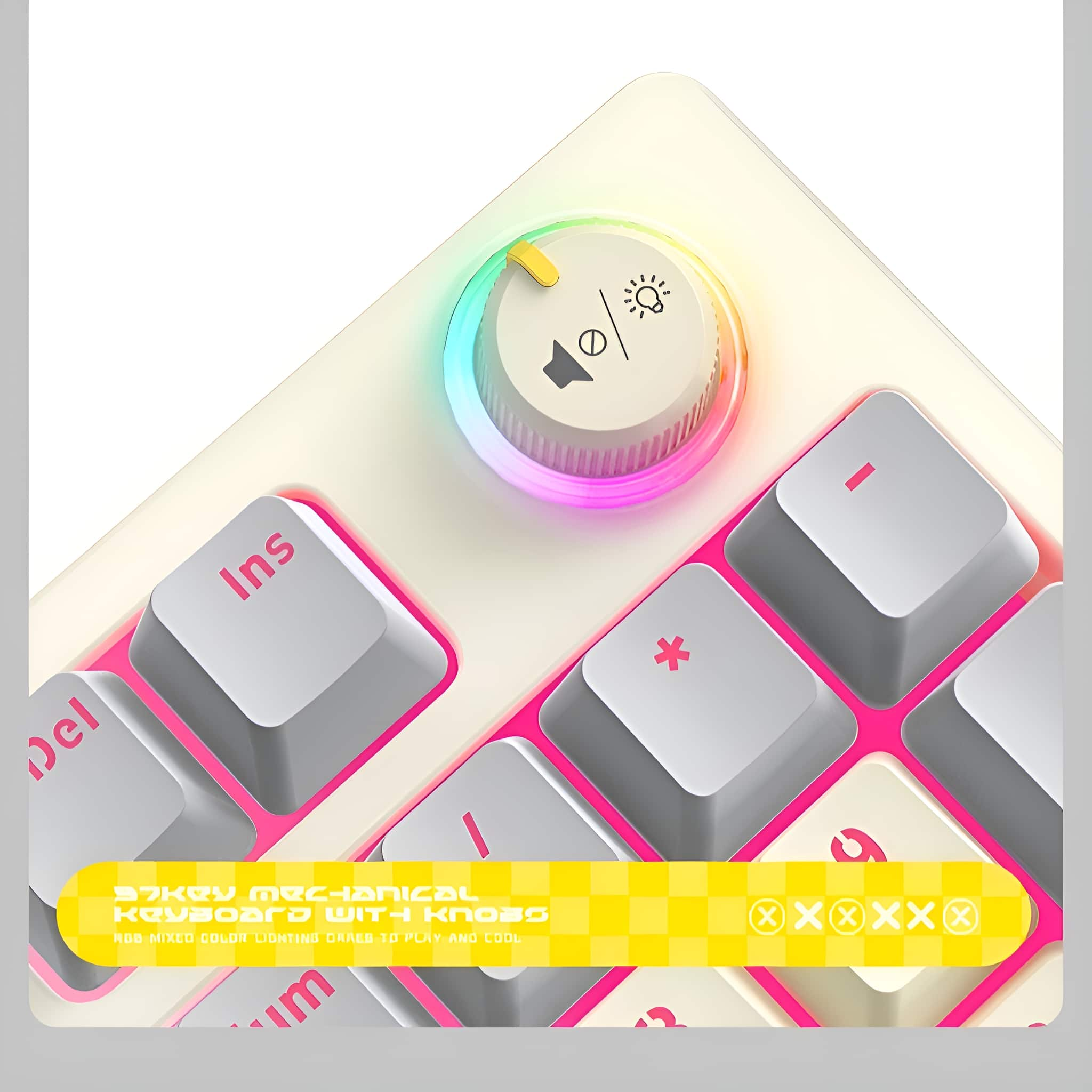 Nahaufnahme einer weißen Tastatur mit Lautstärkeregler und bunten Lichtern.
