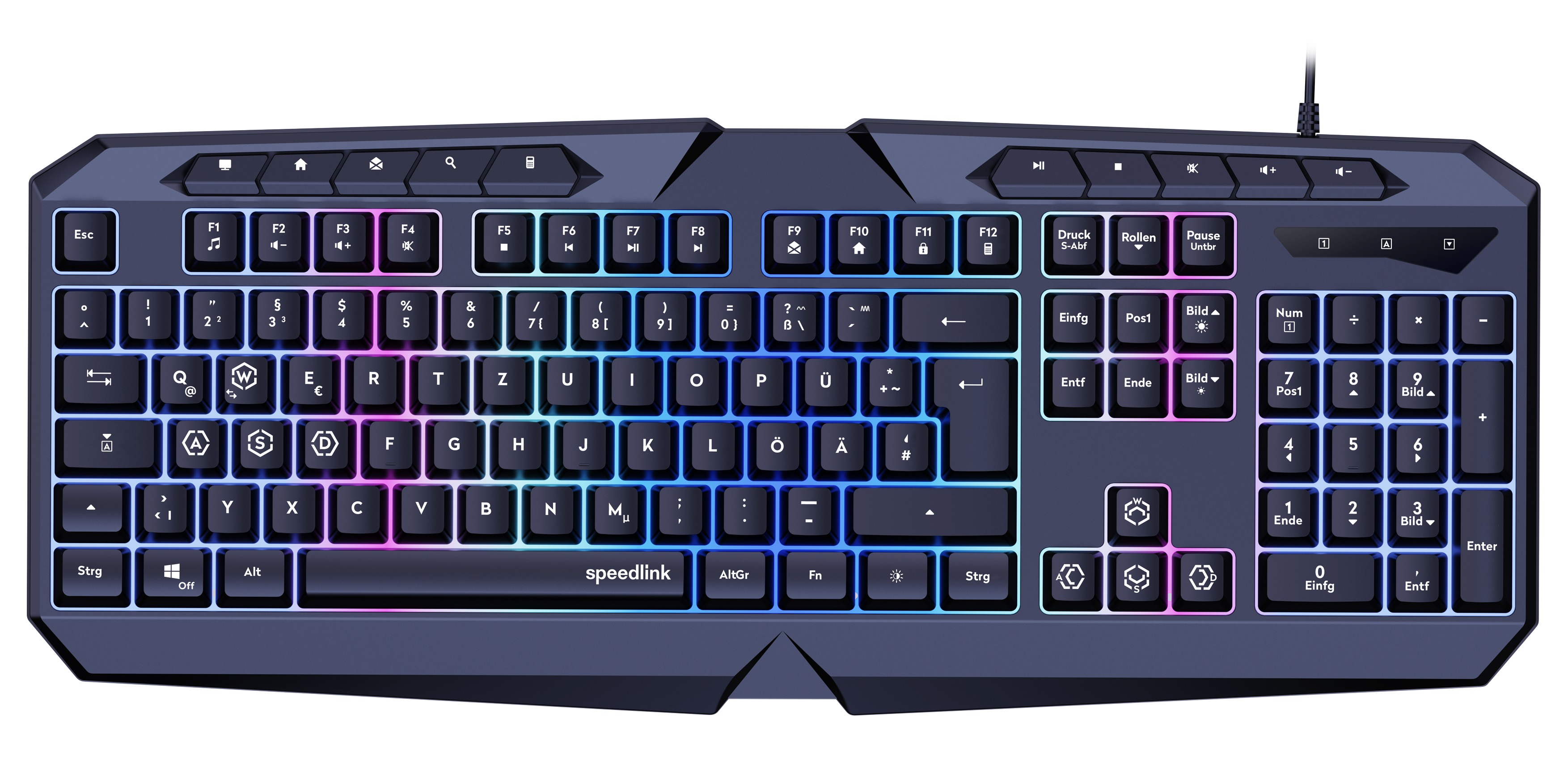 Hintergrundbeleuchtete Tastatur mit bunten Tasten. Die Tastatur ist schwarz.