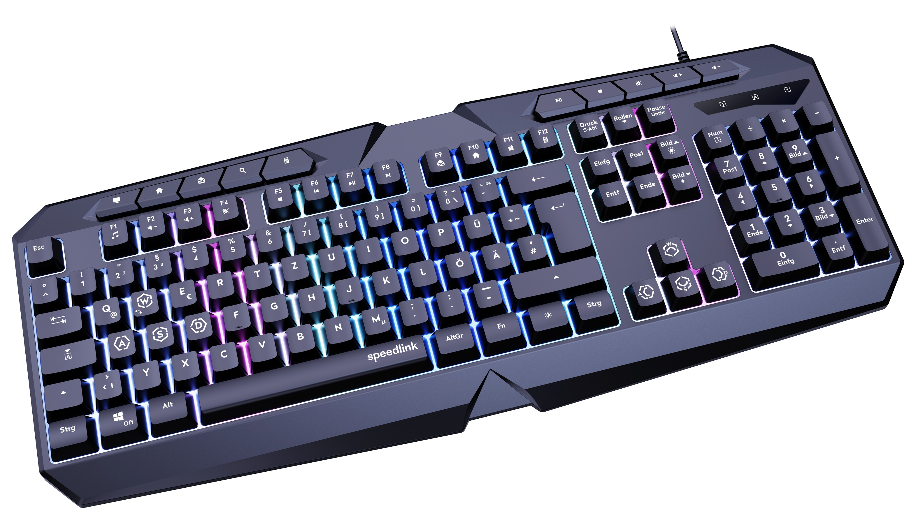 Schwarze Gaming-Tastatur mit Regenbogen-Tasten, Marke 'speedlink'. Enthält Pfeil-, Funktions- und Nummernblöcke.