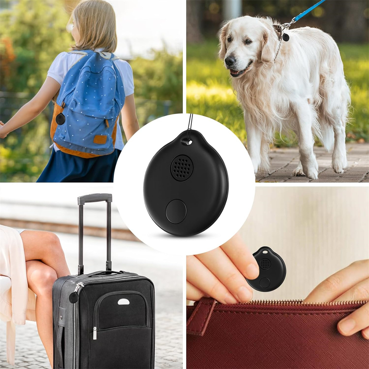 Schwarzer Tracker-Tag an Rucksack, Hundehalsband, Koffer und in der Hand.