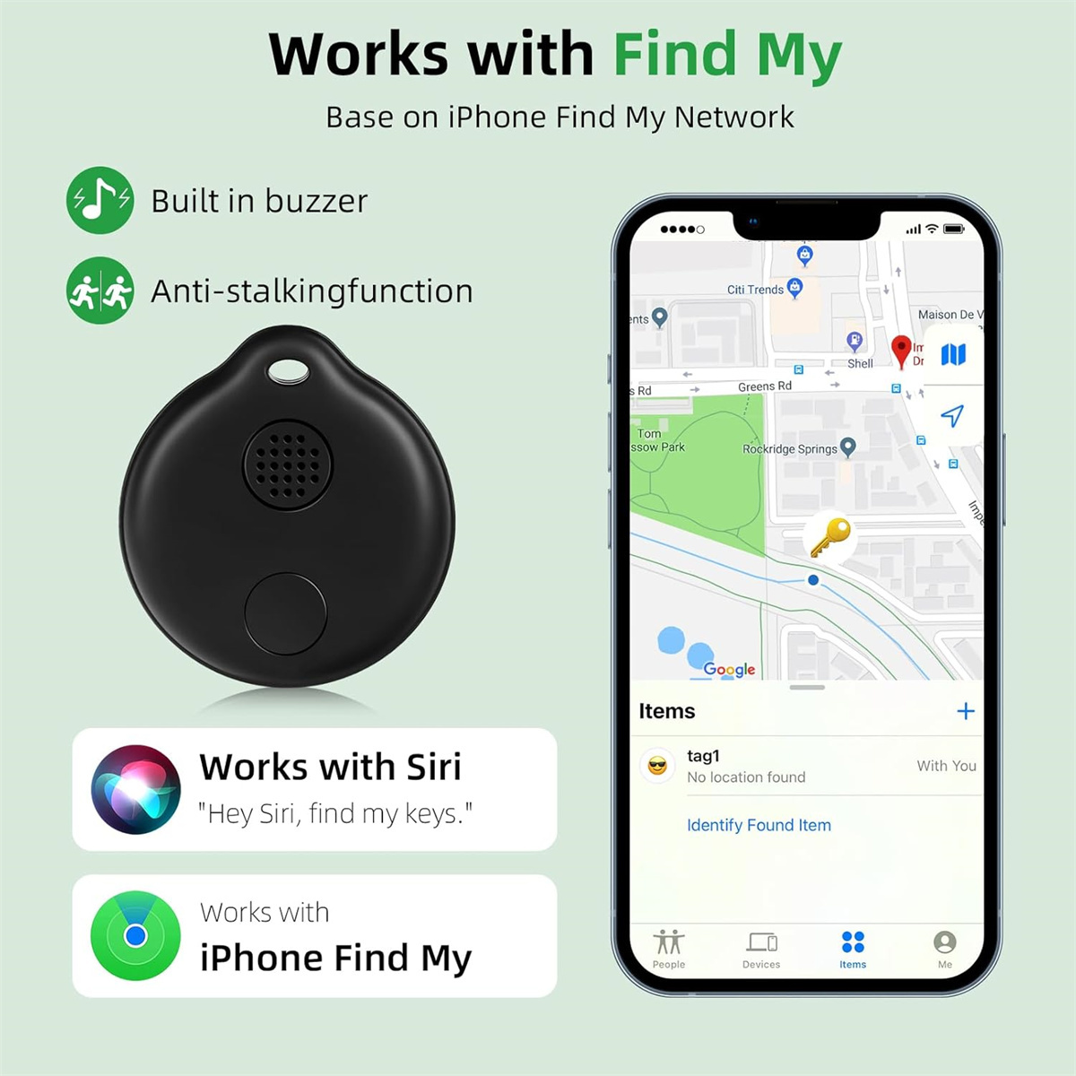 Ein schwarzer Tracker mit dem iPhone Find My Logo und Siri-Integration, und ein Telefon zeigt eine Karte.