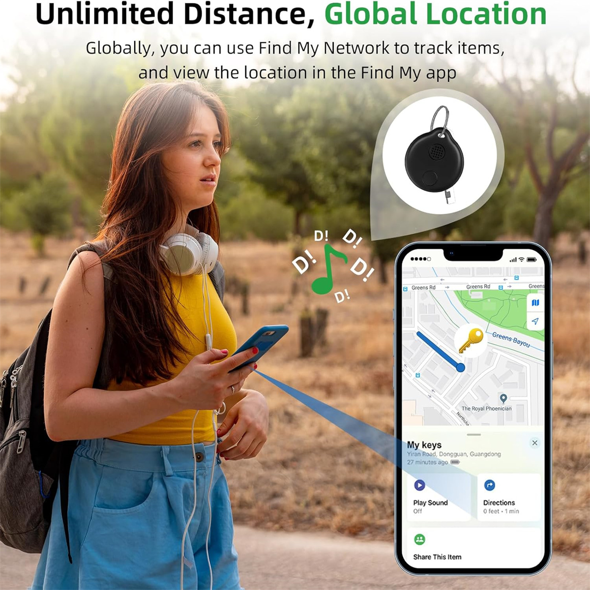 Frau benutzt Telefon mit Karte und Schlüssel-Symbol, sowie Bluetooth-Schlüsselfinder.