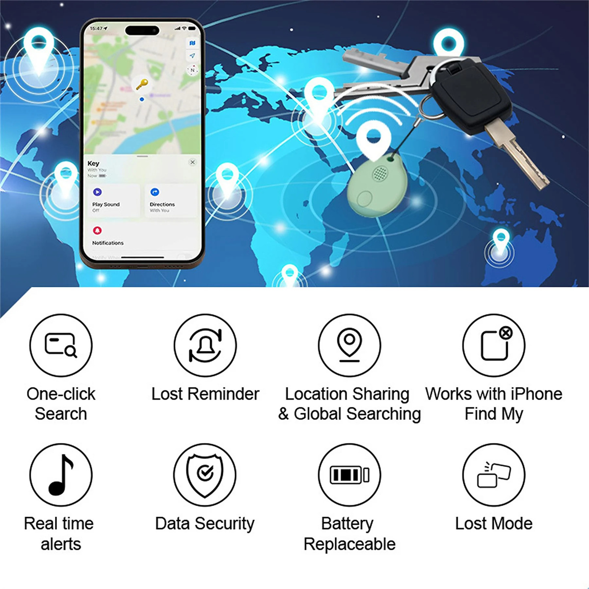 Ein Telefon mit Karte und Schlüsseln. Zeigt Symbole für Ein-Klick-Suche, Verloren-Erinnerung und Datensicherheit.