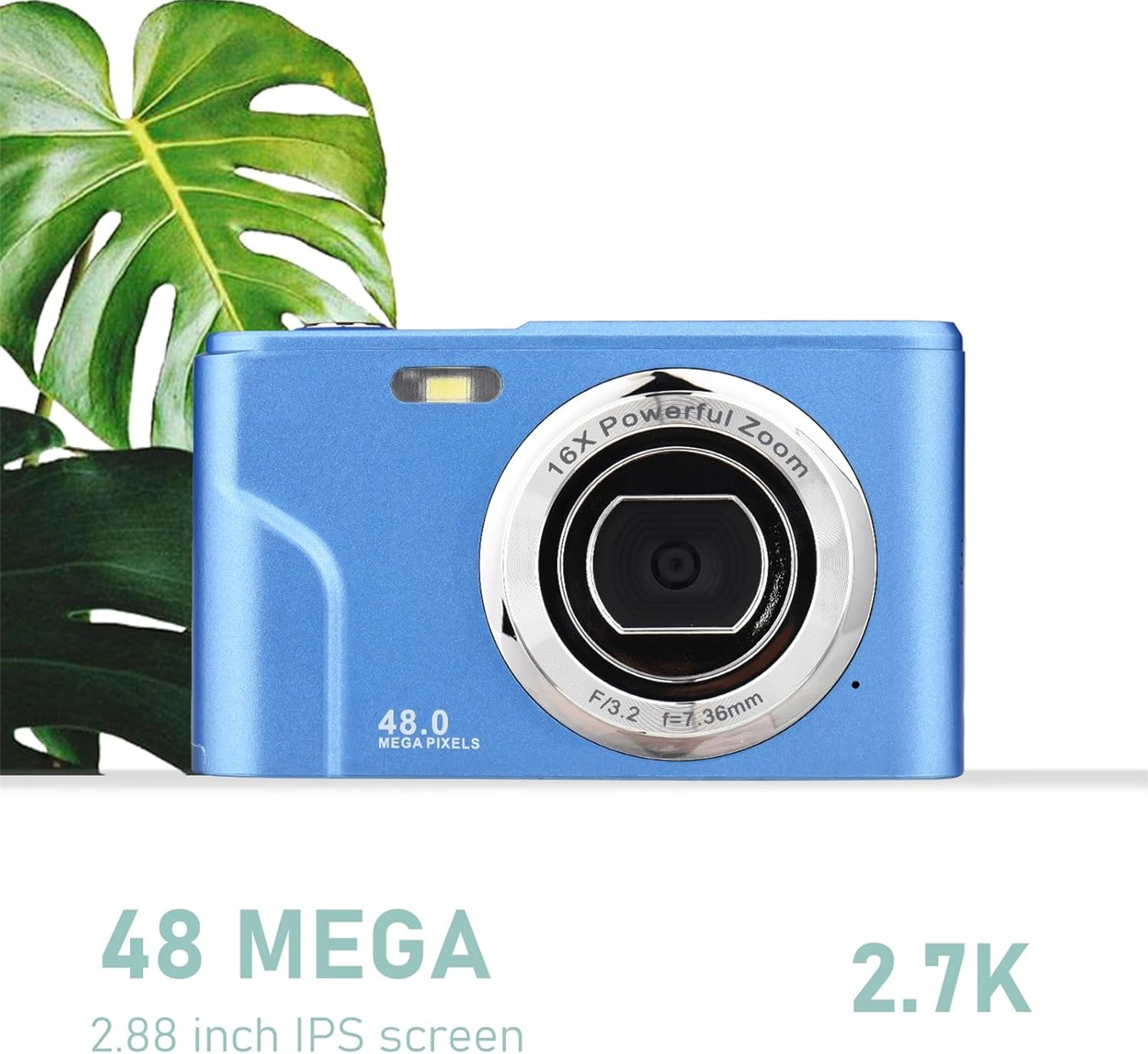 Blaue Digitalkamera mit silbernem Objektiv und der Aufschrift '48 MEGA' auf weißem Hintergrund.