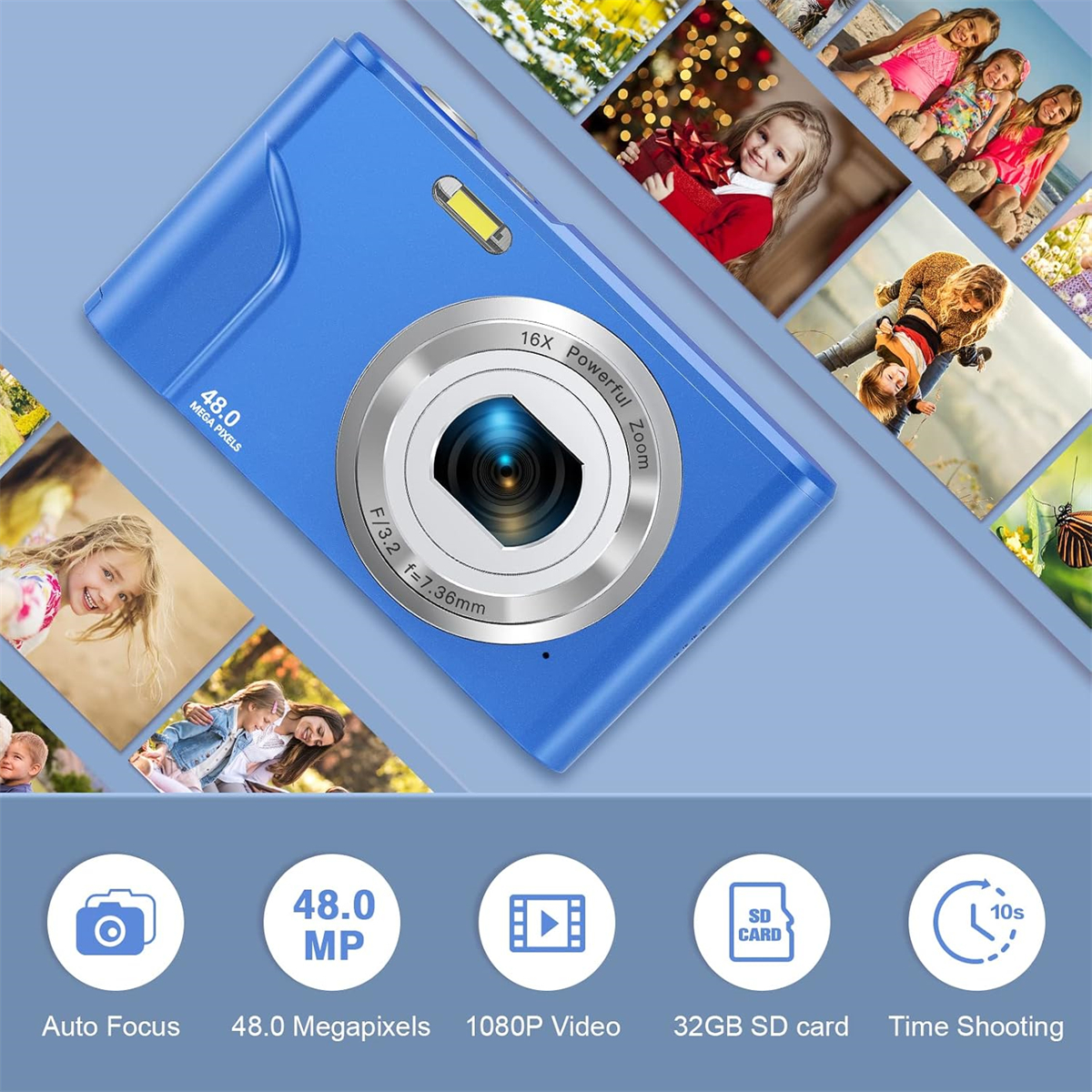 Blaue Kamera mit Symbolen: Autofokus, 48MP, 1080P Video, SD-Karte und 10s Aufnahme.