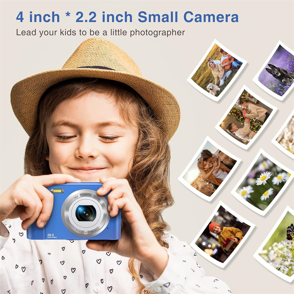 Eine blaue Digitalkamera, die von einem Mädchen gehalten wird, mit Fotos.