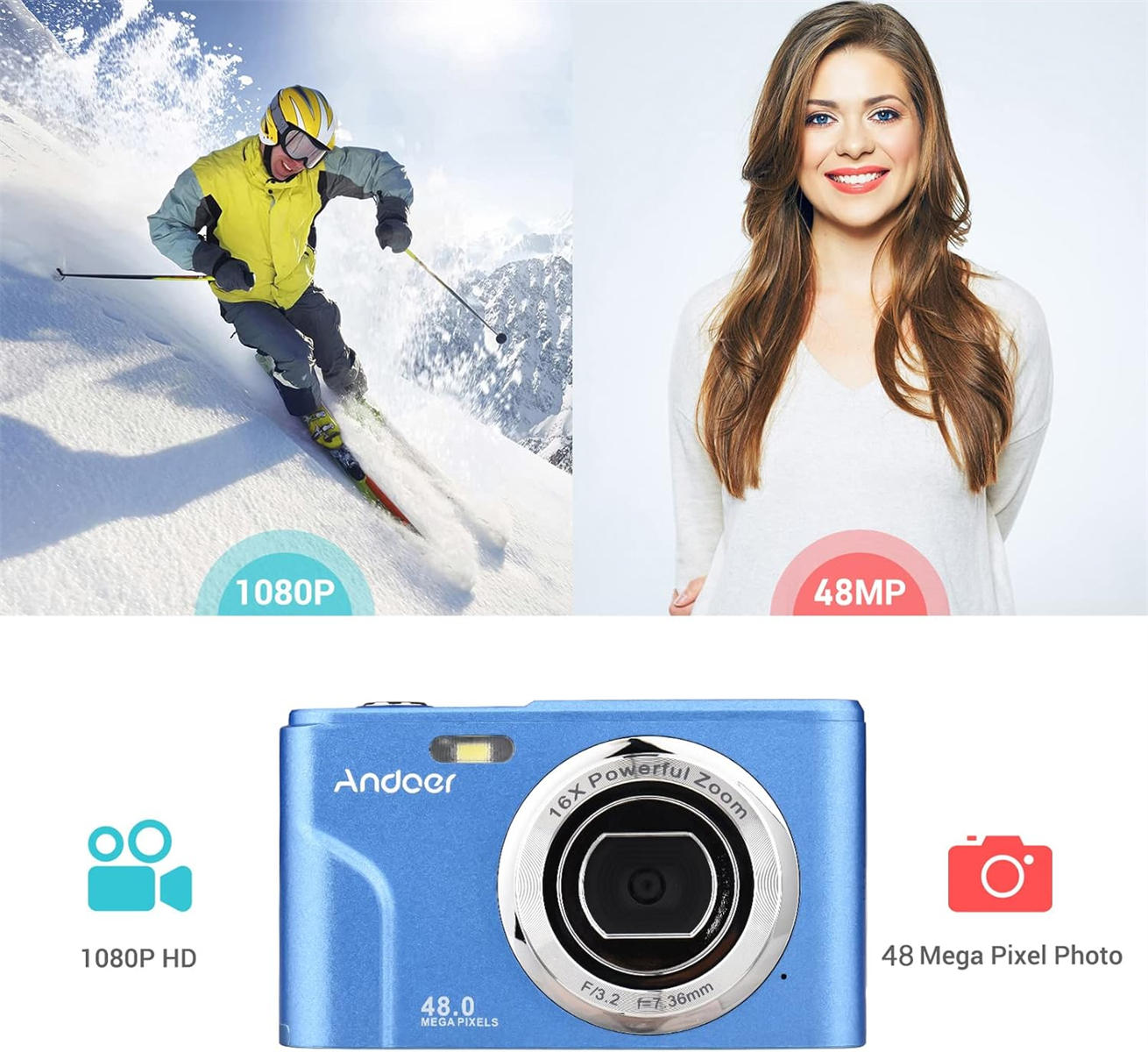 Ein Mann beim Skifahren und eine lächelnde Frau mit einer blauen Kamera mit dem Text '48,0 Megapixel'.